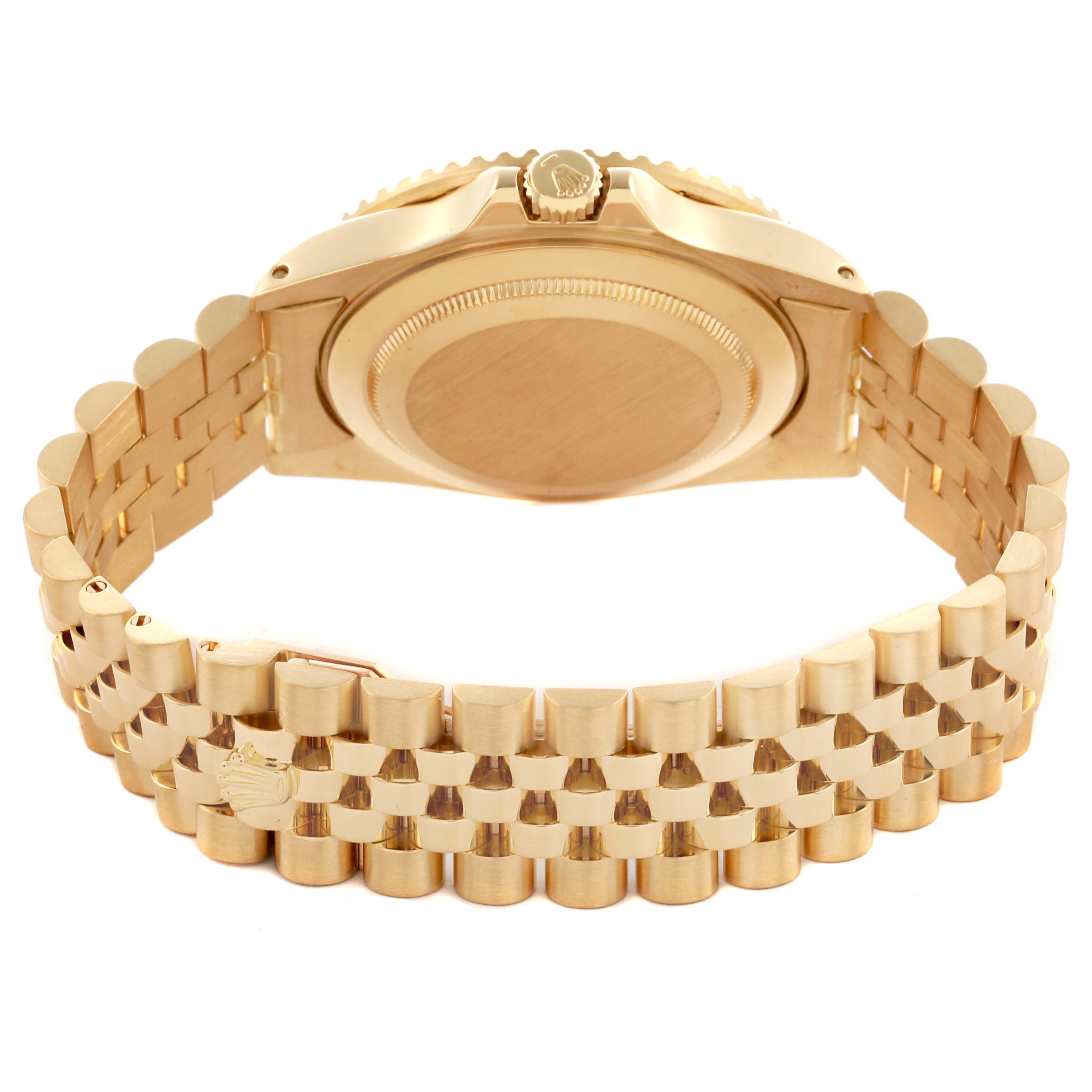 The image shows the back and side view of a Rolex GMT-Master 16758 Men's Yellow Gold Brown Dial 16758 Men's Yellow Gold Brown Dial watch, highlighting the case back, crown, and bracelet.