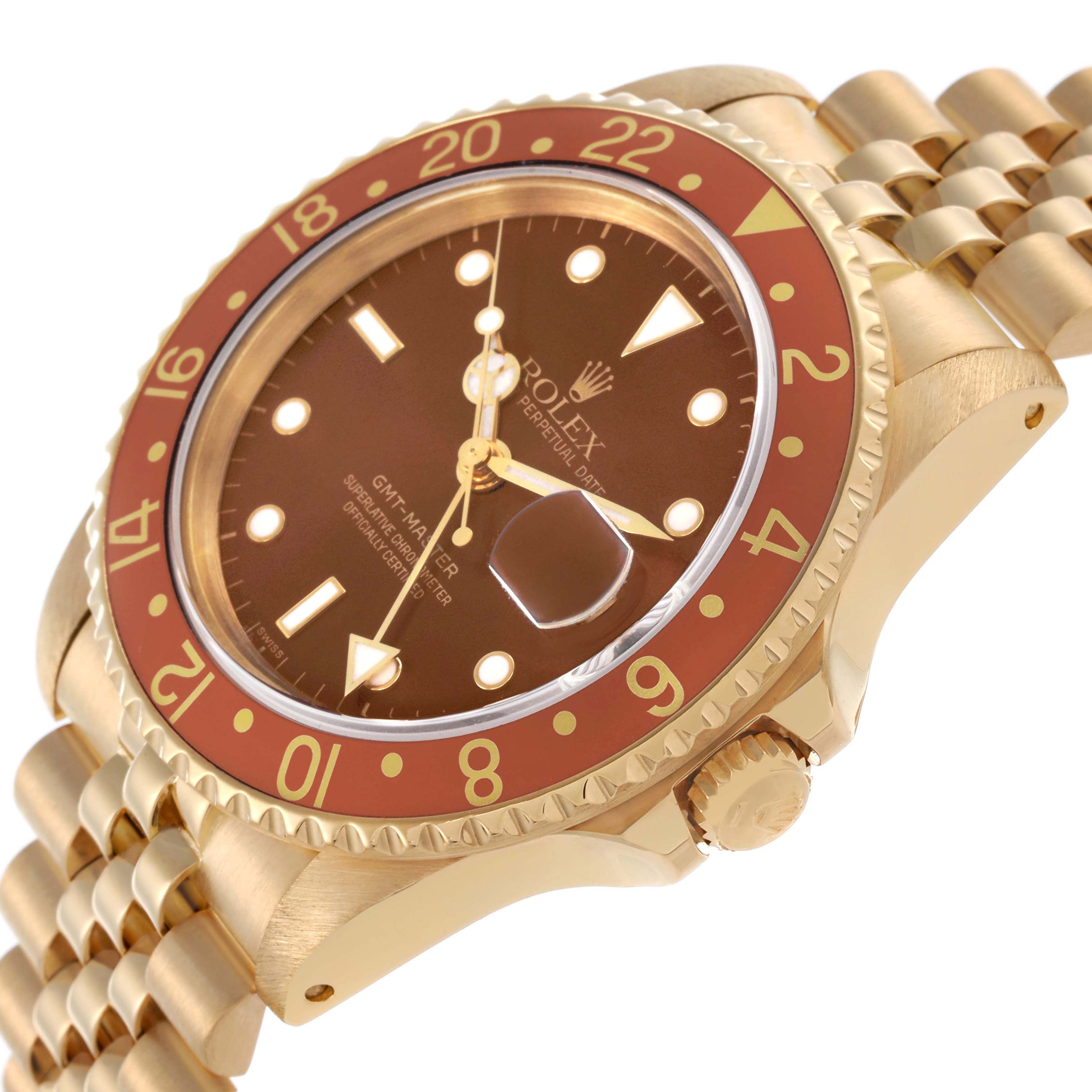 The Rolex GMT-Master 16758 Men's Yellow Gold Brown Dial 16758 Men's Yellow Gold Brown Dial is shown at an angled side view, highlighting the bezel, crown, and bracelet.