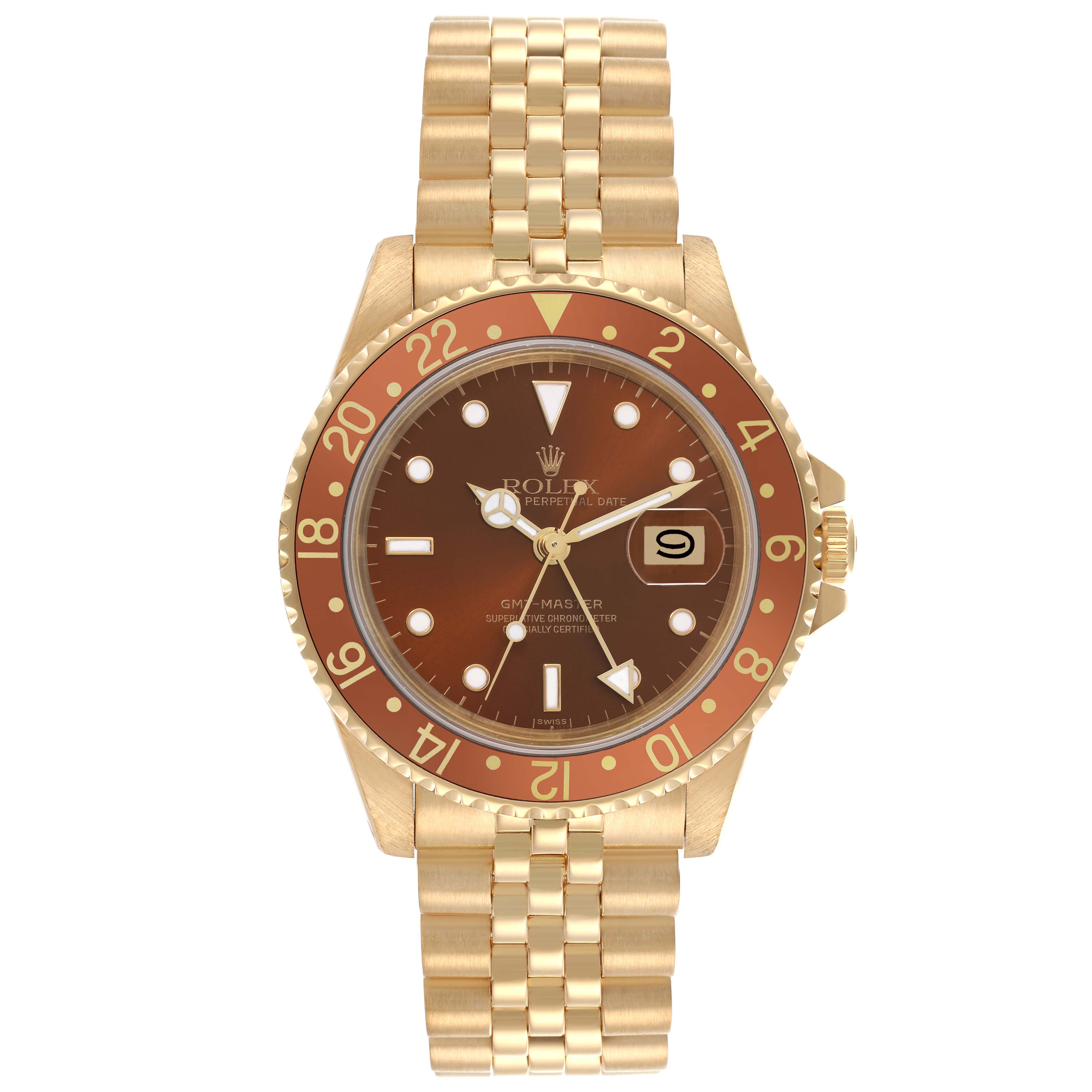 The Rolex GMT-Master 16758 Men's Yellow Gold Brown Dial 16758 Men's Yellow Gold Brown Dial watch is shown from a front angle, displaying the dial, bezel, and bracelet clearly.