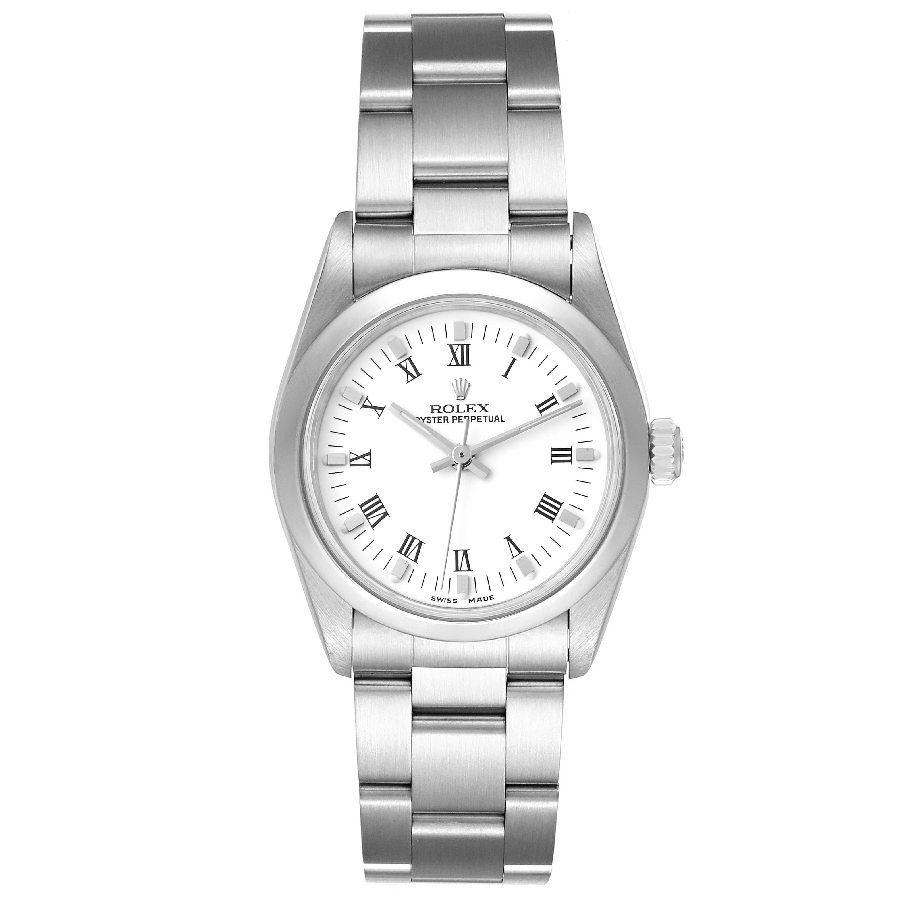 The Rolex Mid-Size 77080 Women
s Stainless Steel White Dial 77080 Women
s Stainless Steel White Dial watch is shown at a straight-on angle, displaying the full face, bezel, and bracelet.