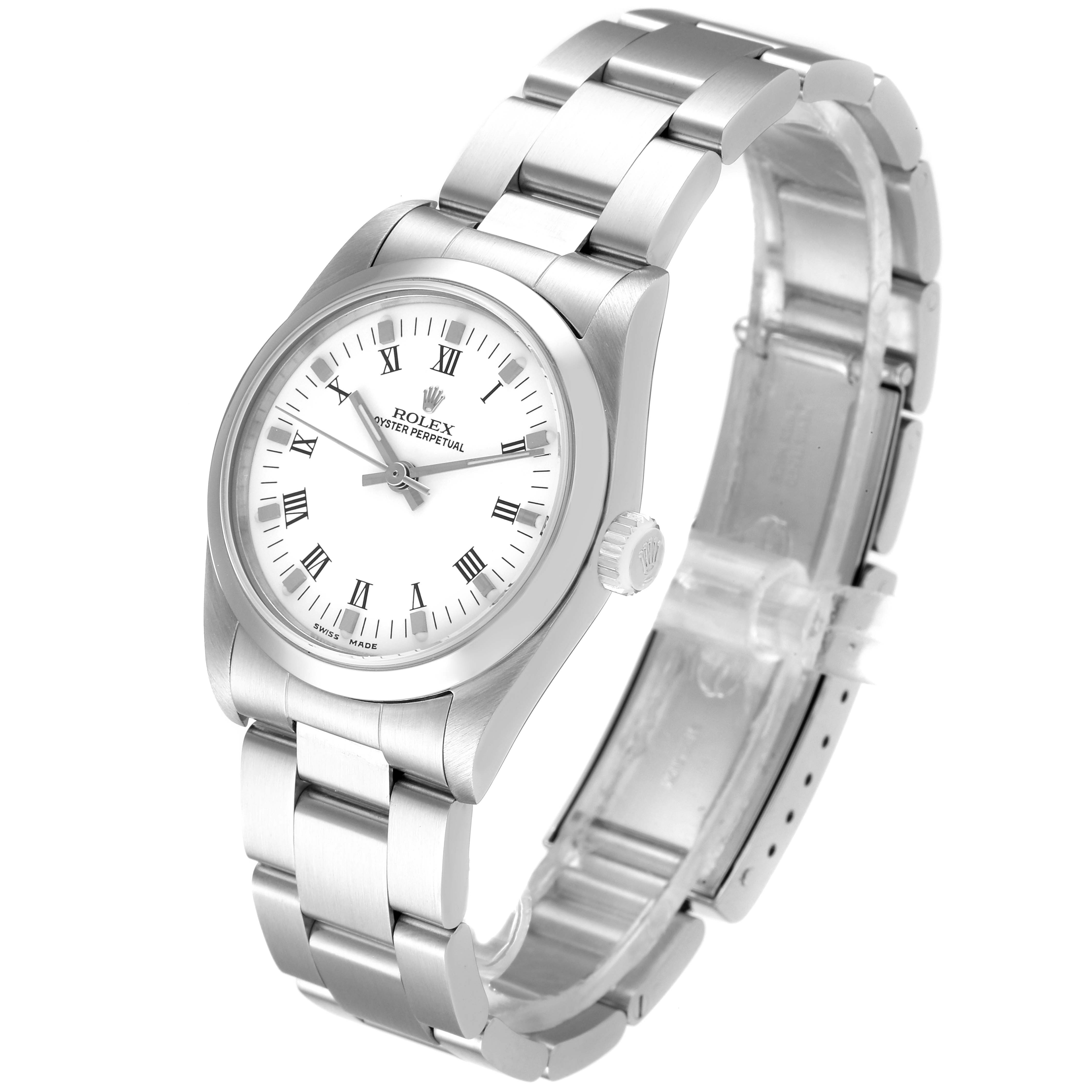 The image shows a side-angle view of a Rolex Oyster Perpetual Mid-Size watch with its dial, case, and bracelet visible.