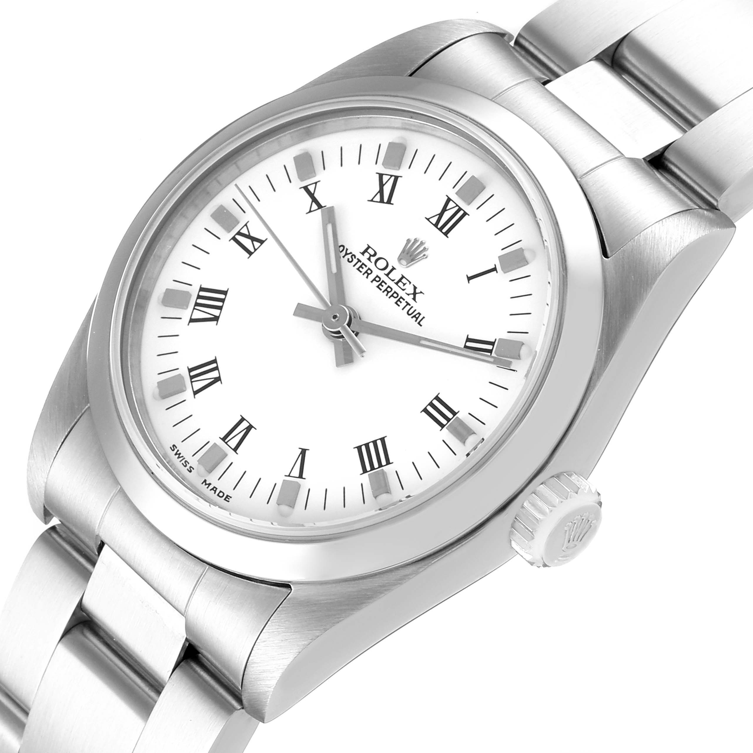 This image shows a close-up angle of the Rolex Oyster Perpetual Mid-Size watch, highlighting the dial, crown, and bracelet.