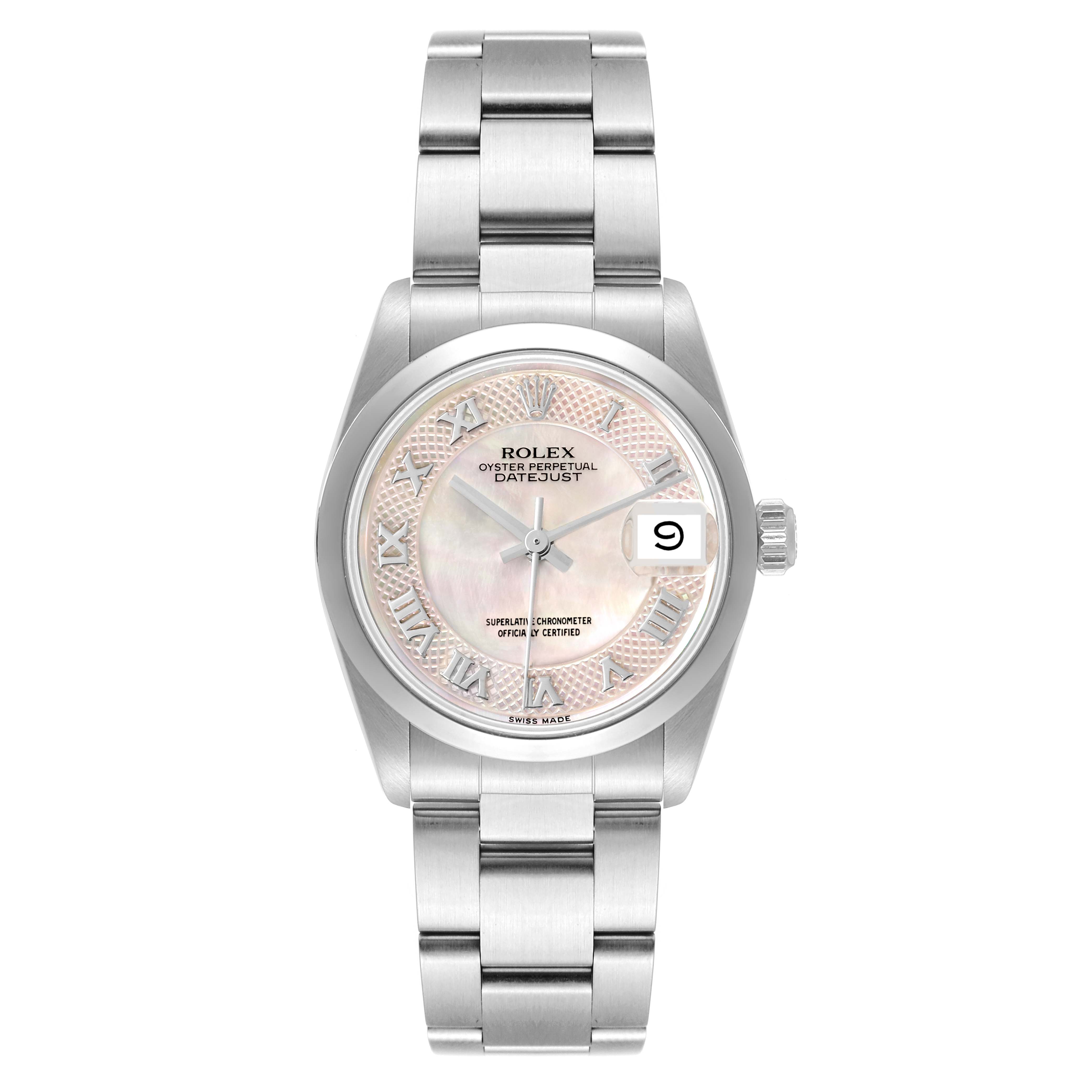 This image shows a front view of a Rolex Datejust 68240 Women's Stainless Steel Mother of Pearl Dial 68240 Women's Stainless Steel Mother of Pearl Dial watch, highlighting its dial, bracelet, and date display.