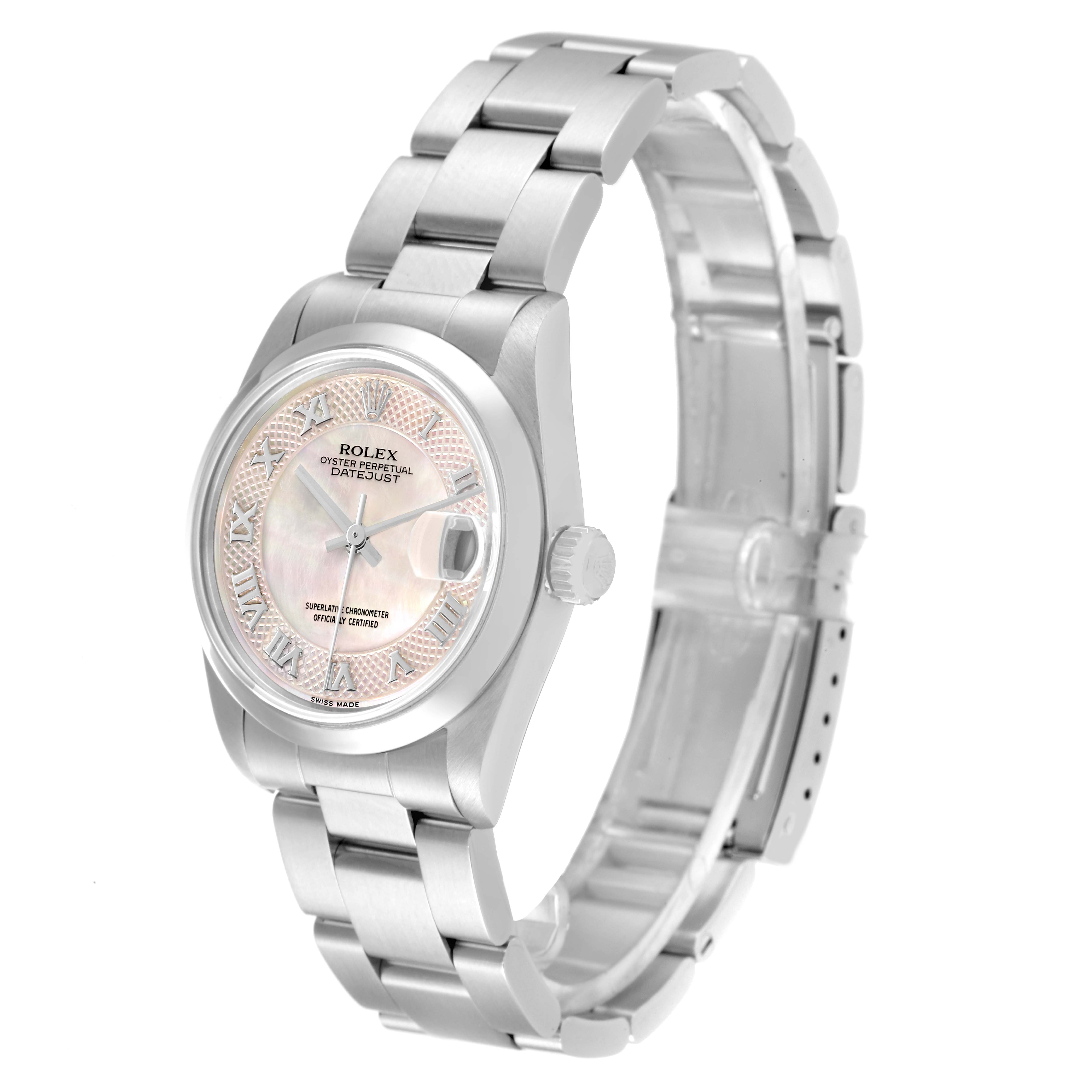 The image shows a side angle of the Rolex Datejust 68240 Women's Stainless Steel Mother of Pearl Dial 68240 Women's Stainless Steel Mother of Pearl Dial watch, highlighting the dial, crown, and part of the bracelet.