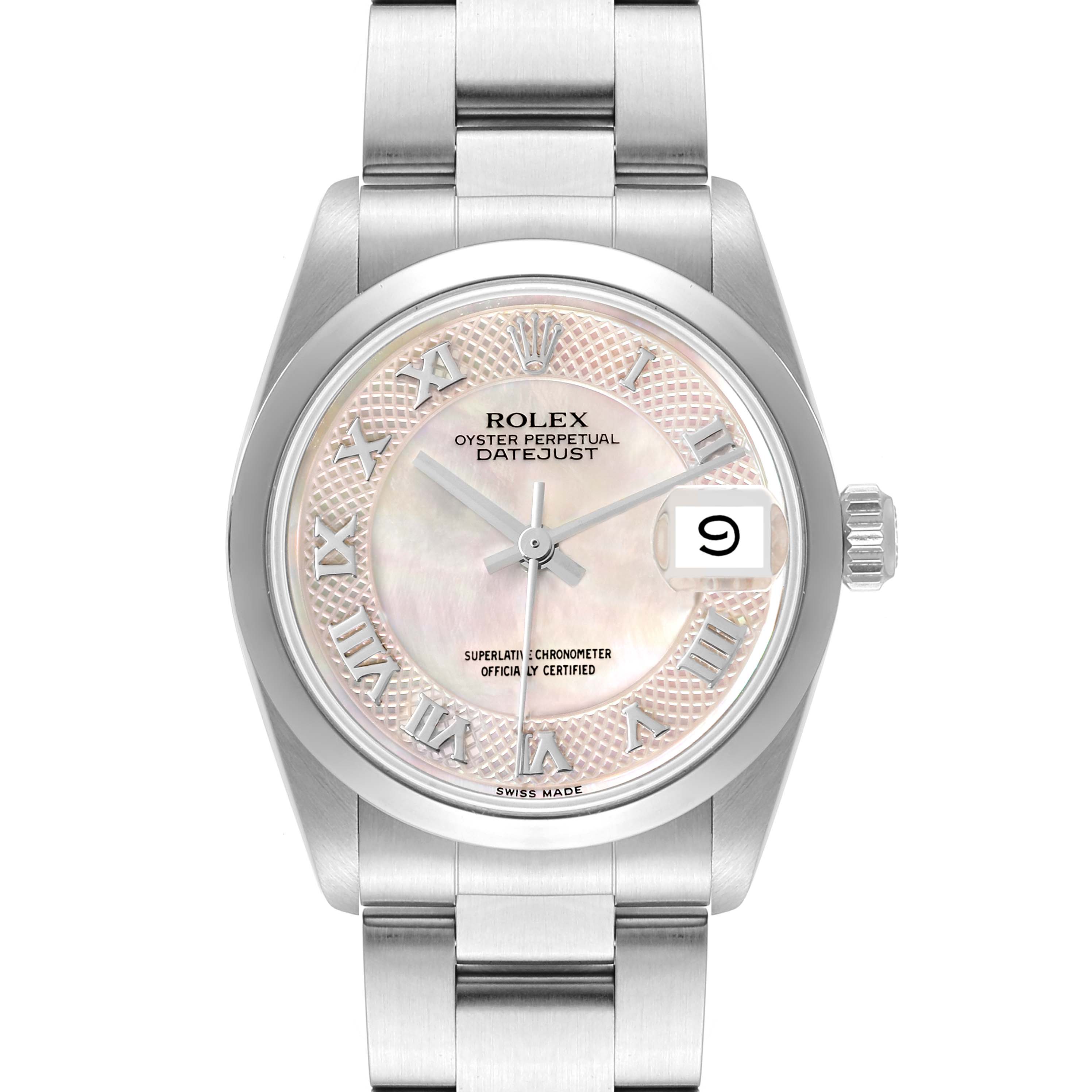 The image shows a frontal view of the Rolex Datejust 68240 Women's Stainless Steel Mother of Pearl Dial 68240 Women's Stainless Steel Mother of Pearl Dial watch, displaying its mother-of-pearl dial, Roman numerals, and date window.