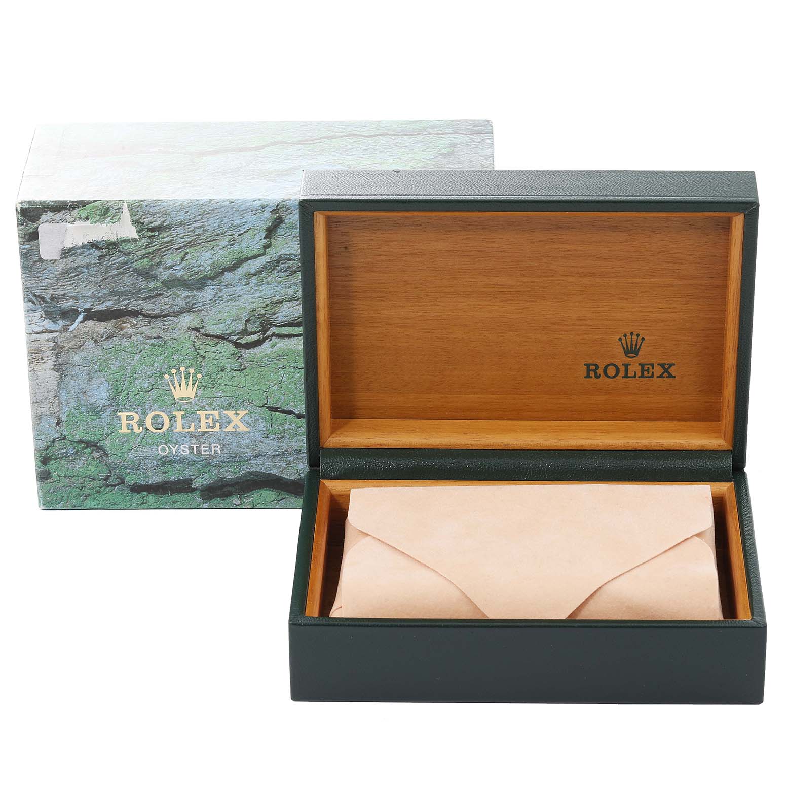 This image shows a Rolex Datejust 68240 Women's Stainless Steel Mother of Pearl Dial 68240 Women's Stainless Steel Mother of Pearl Dial watch box and packaging, including the outer box and inner presentation box with protective paper.