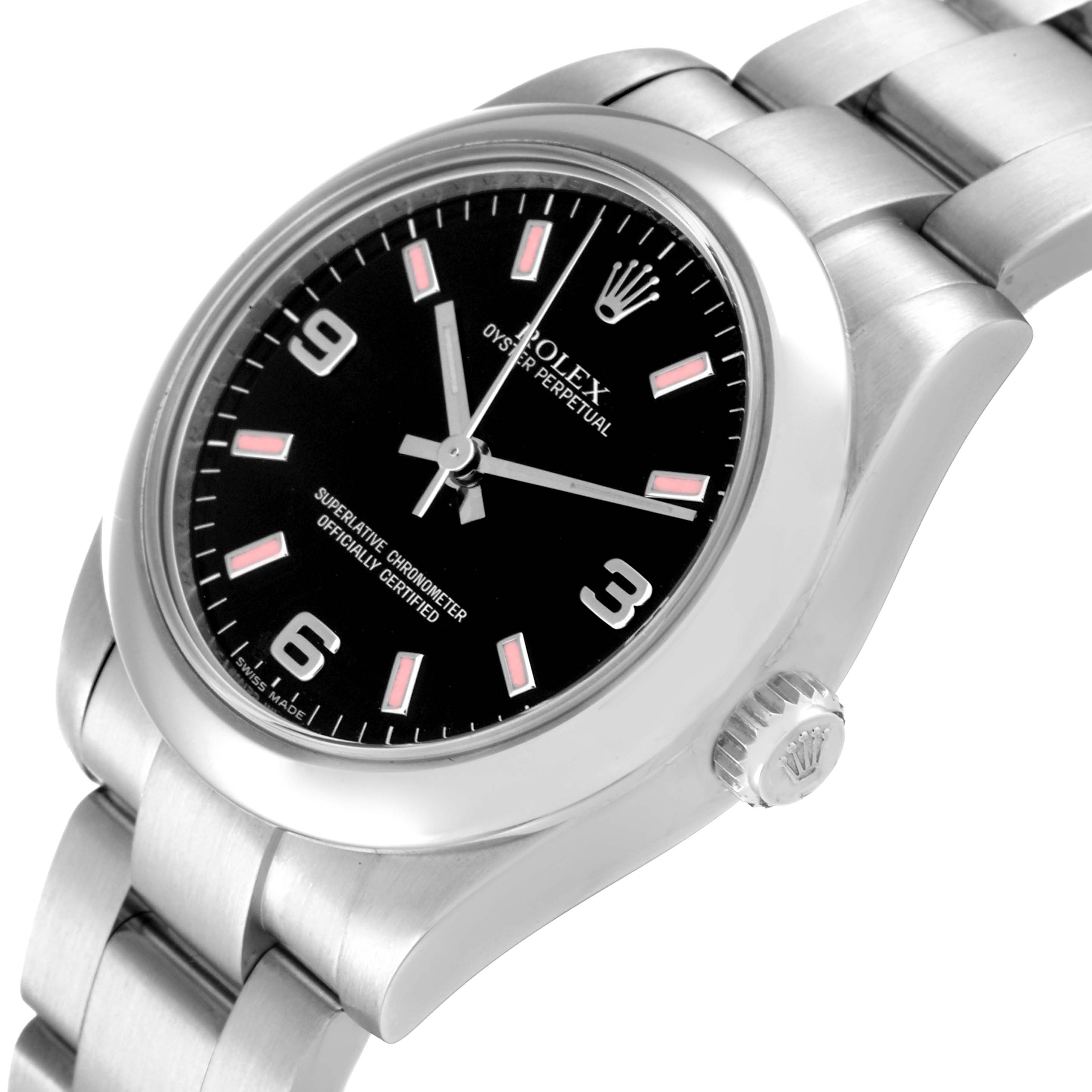 The image shows a Rolex Mid-Size 177200 Women
s Stainless Steel Black Dial 177200 Women
s Stainless Steel Black Dial model watch at an angle, displaying the dial, crown, and part of the bracelet.