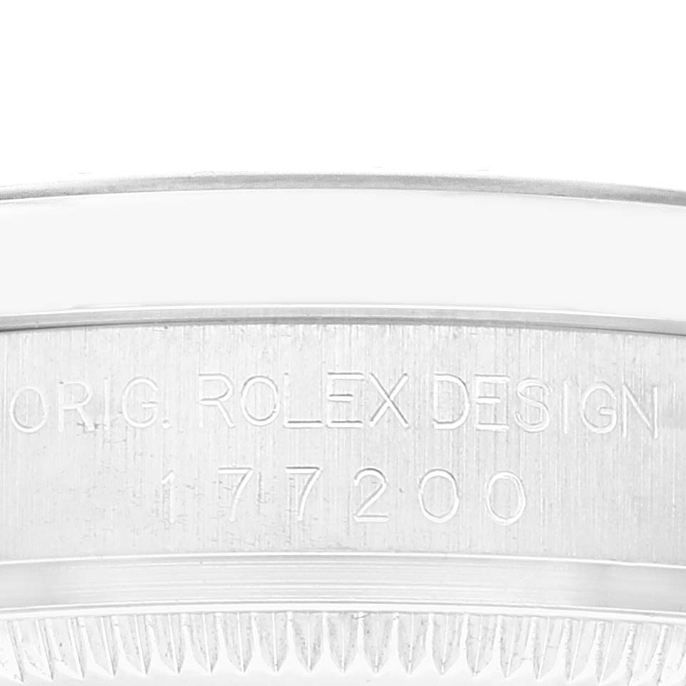 The image shows a close-up angle of the case side of a Mid-Size Rolex watch, featuring the engraved design number 177200.