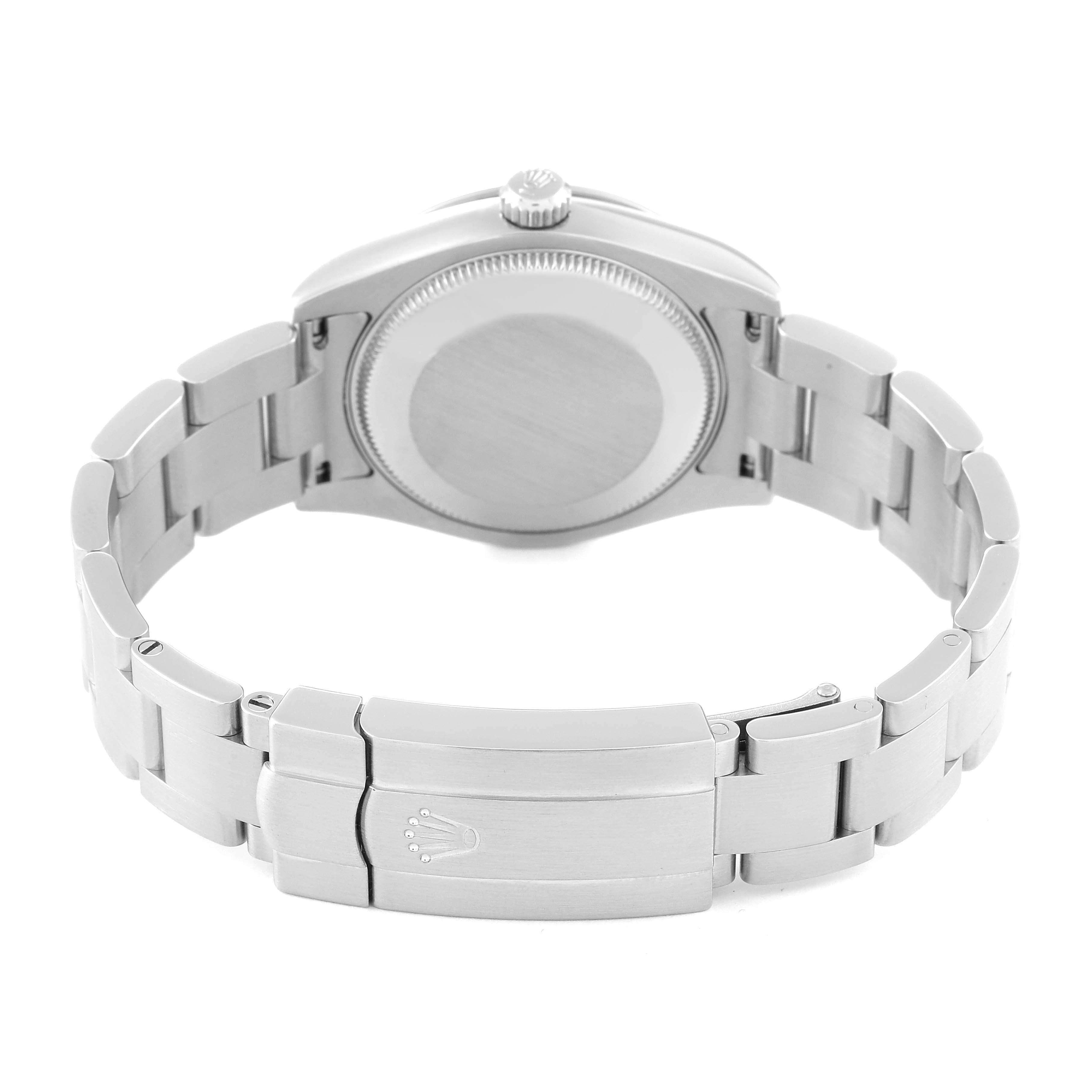 This image shows the backside and bracelet clasp of a Rolex Mid-Size 177200 Women
s Stainless Steel Black Dial 177200 Women
s Stainless Steel Black Dial model watch.