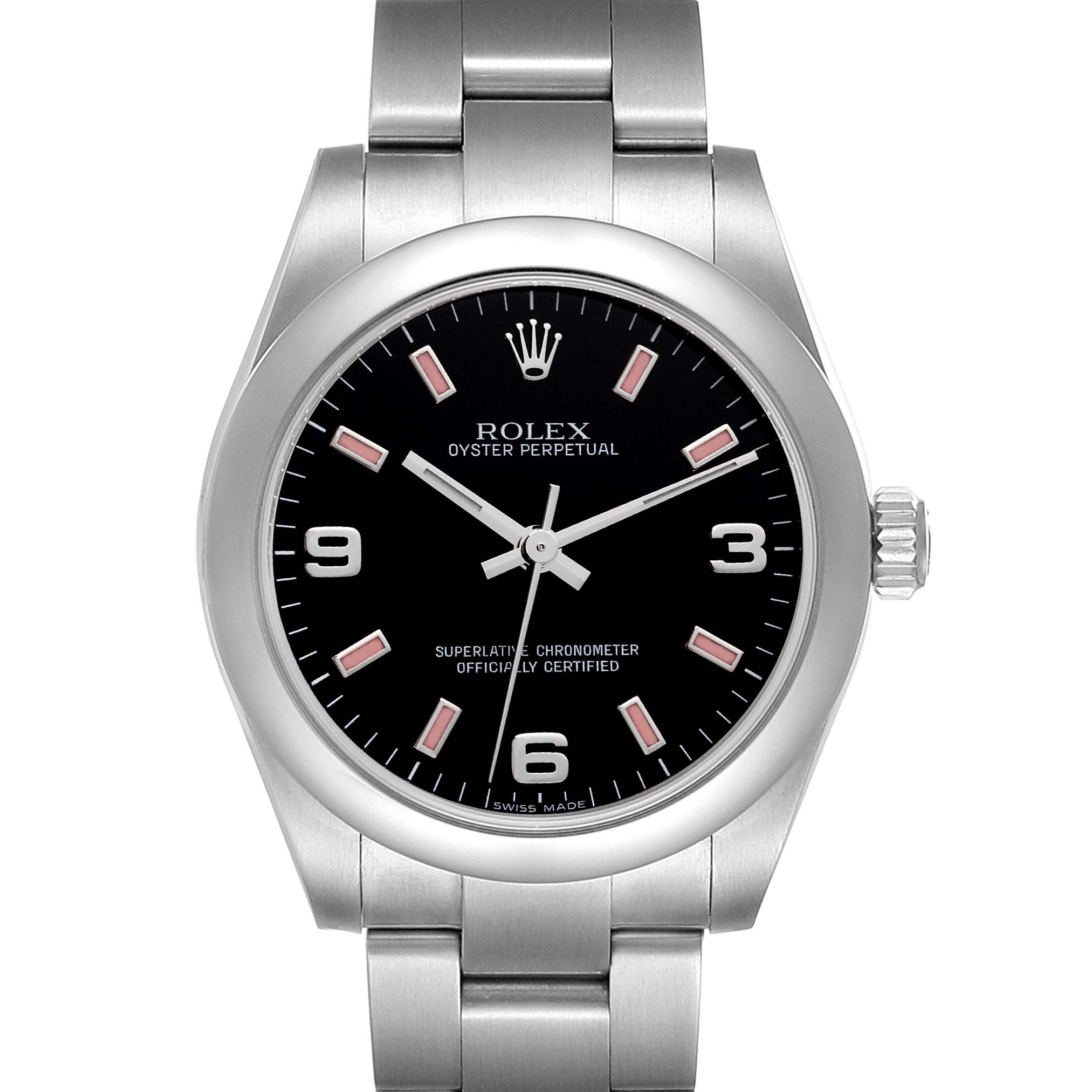 The Rolex Oyster Perpetual Mid-Size watch is shown from the front, displaying its dial, bezel, and part of the bracelet.