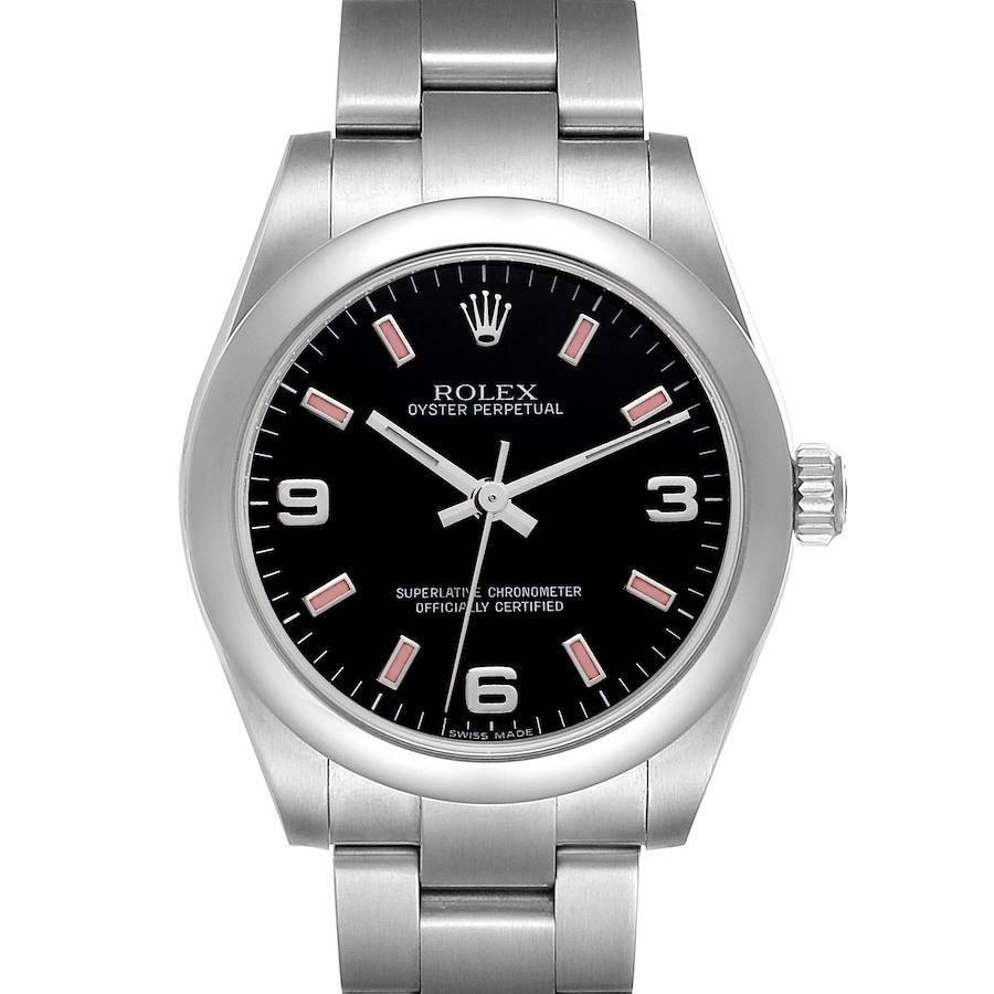 Rolex Non-Date Midsize Black Dial Pink Hour Markers Steel Ladies Watch 177200 SwissWatchExpo