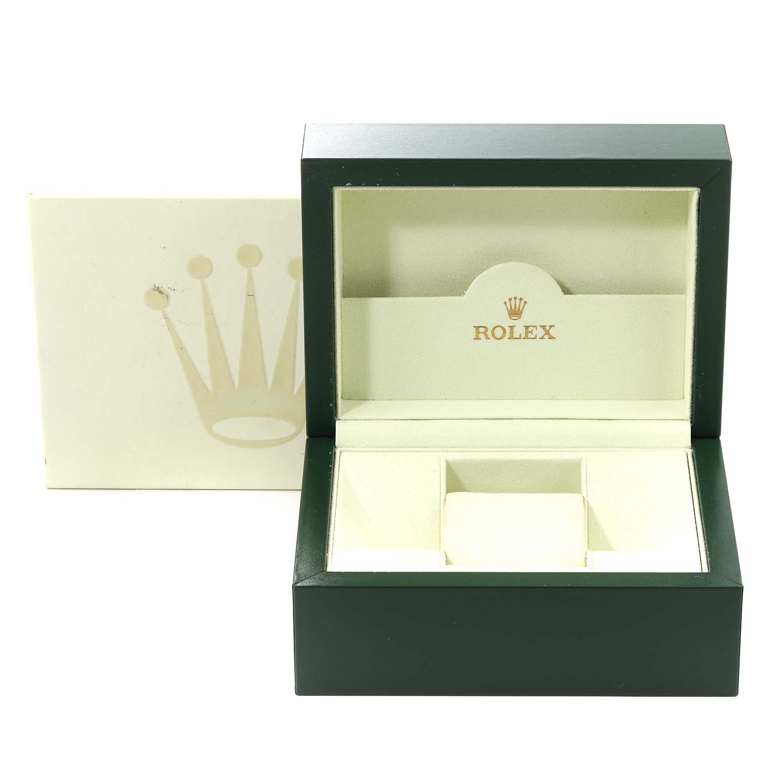 The image shows an open Rolex Mid-Size 177200 Women
s Stainless Steel Black Dial 177200 Women
s Stainless Steel Black Dial watch box with the lid up and the inner compartments visible.