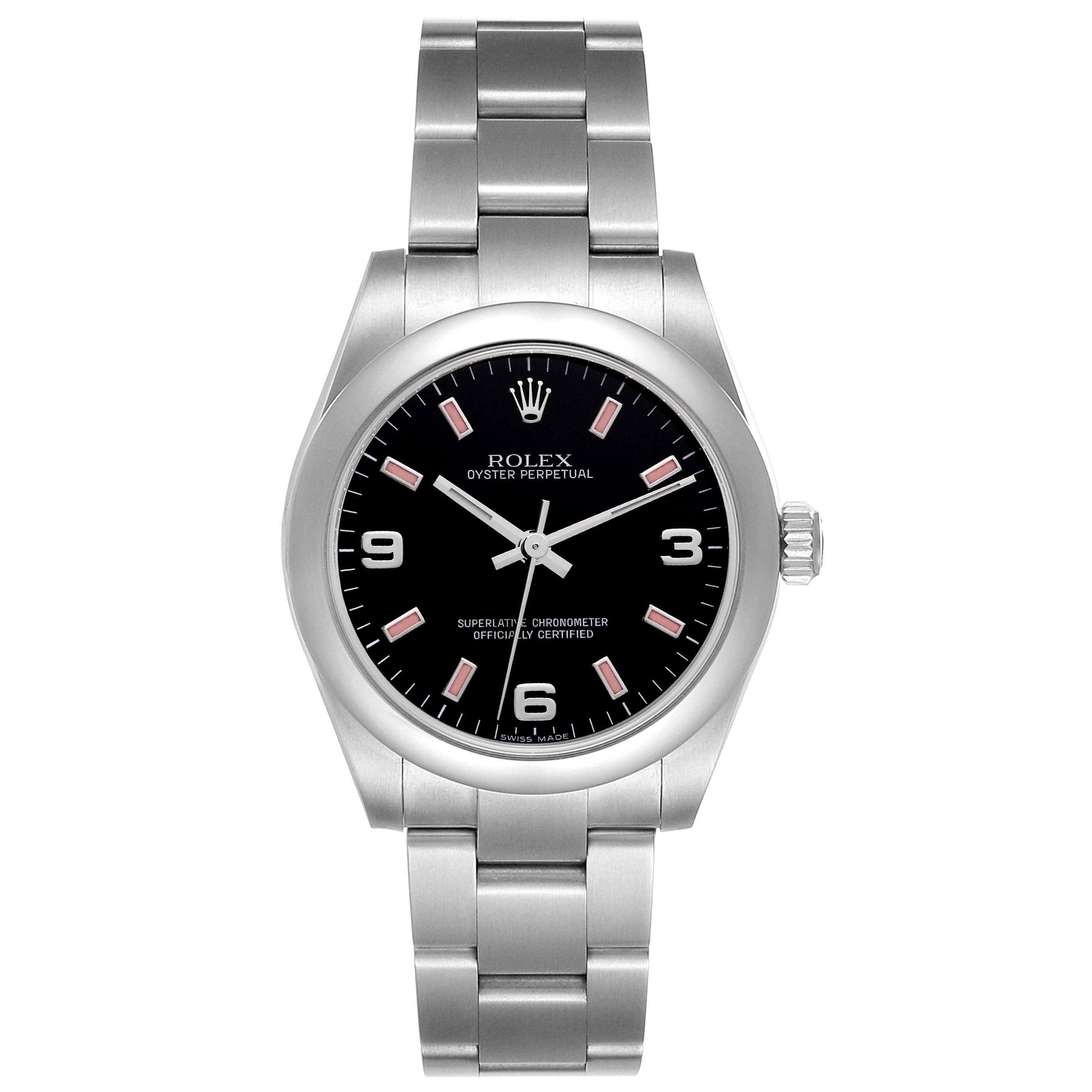 The image shows a front view of a Rolex Mid-Size 177200 Women
s Stainless Steel Black Dial 177200 Women
s Stainless Steel Black Dial Oyster Perpetual watch with a black dial and a stainless steel bracelet.