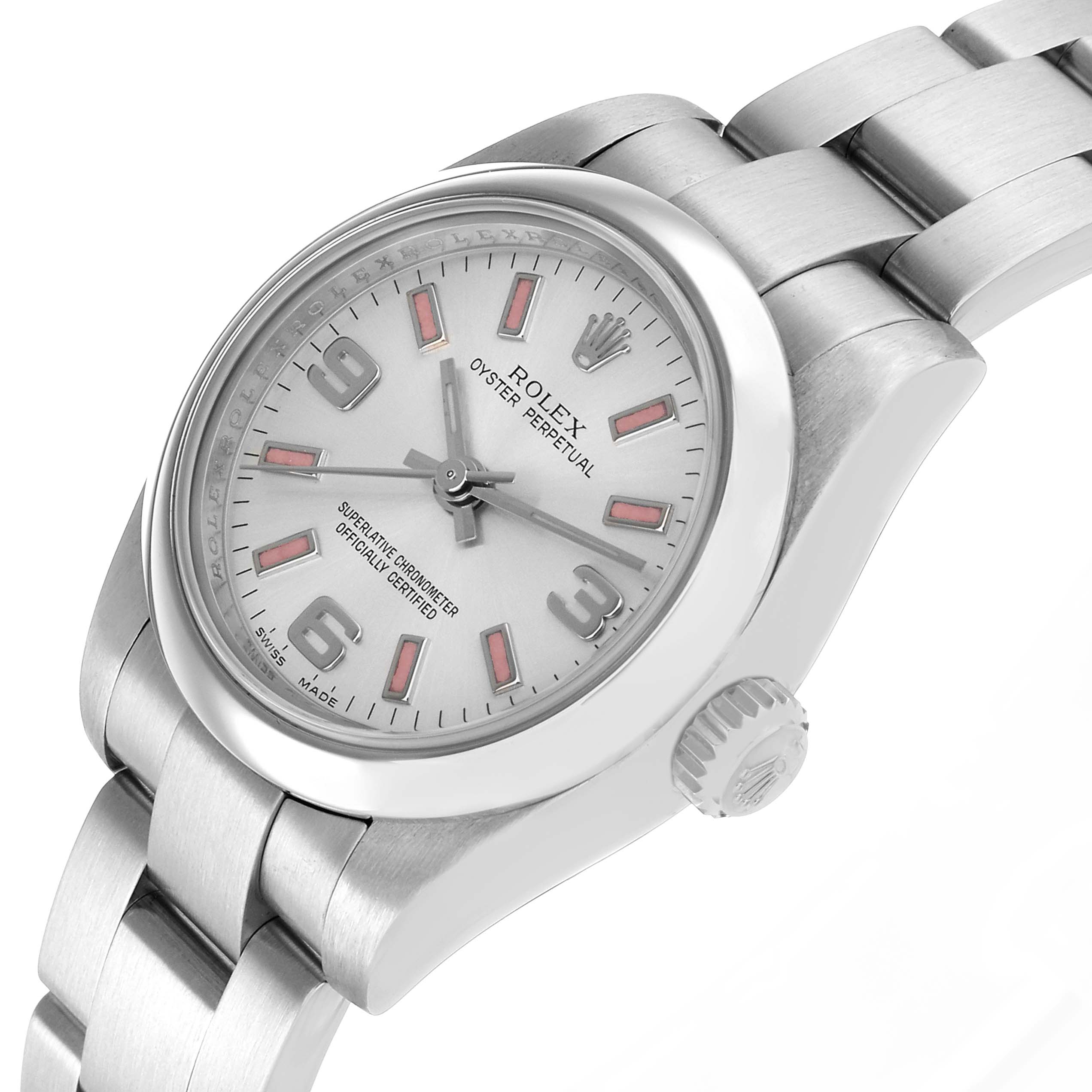 The Rolex Oyster Perpetual 176200 Women's Stainless Steel Silver Dial watch is shown at a three-quarter angle, displaying the face, bezel, crown, and part of the metal bracelet.