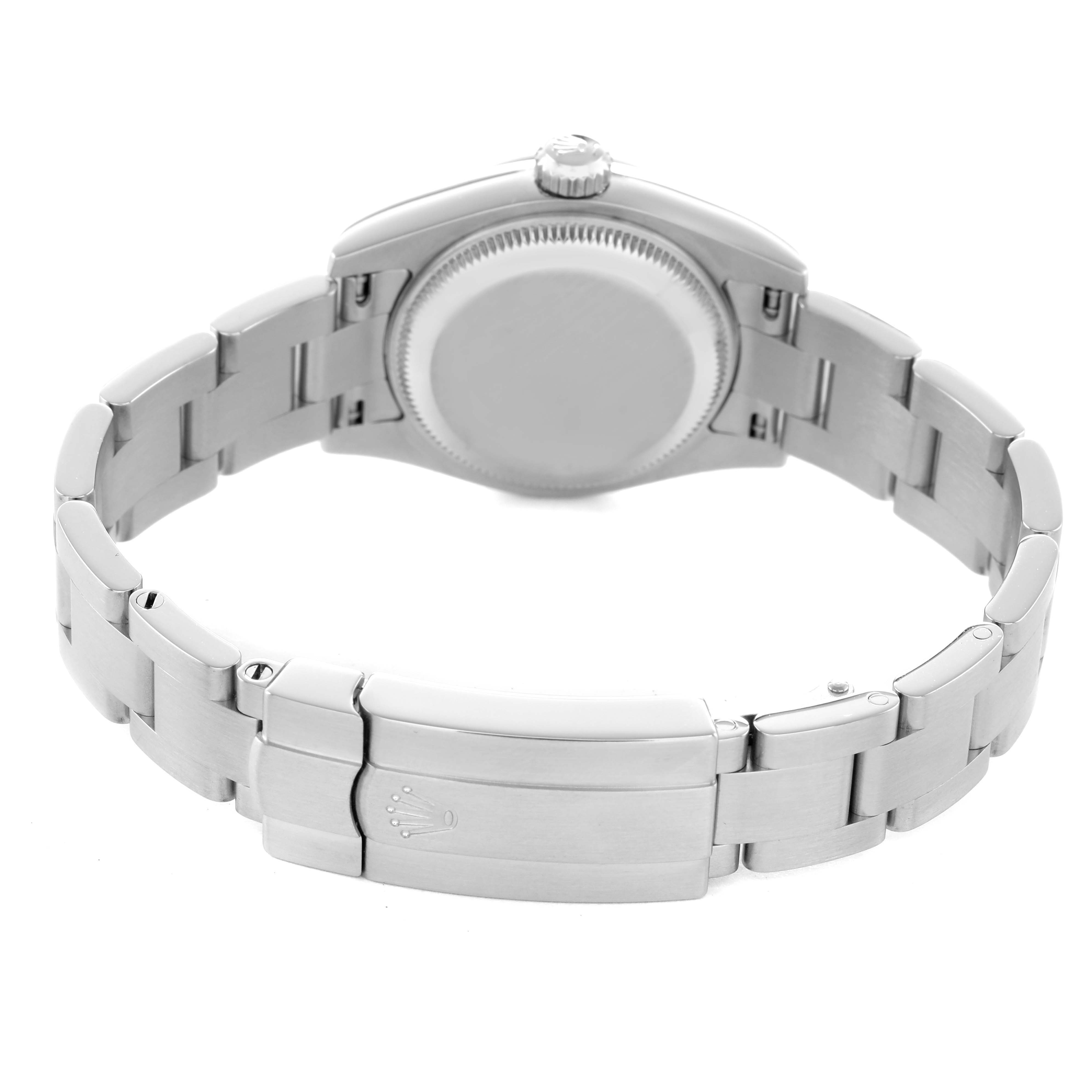 The Rolex Oyster Perpetual 176200 Women's Stainless Steel Silver Dial watch is shown from the back, highlighting the bracelet and clasp.