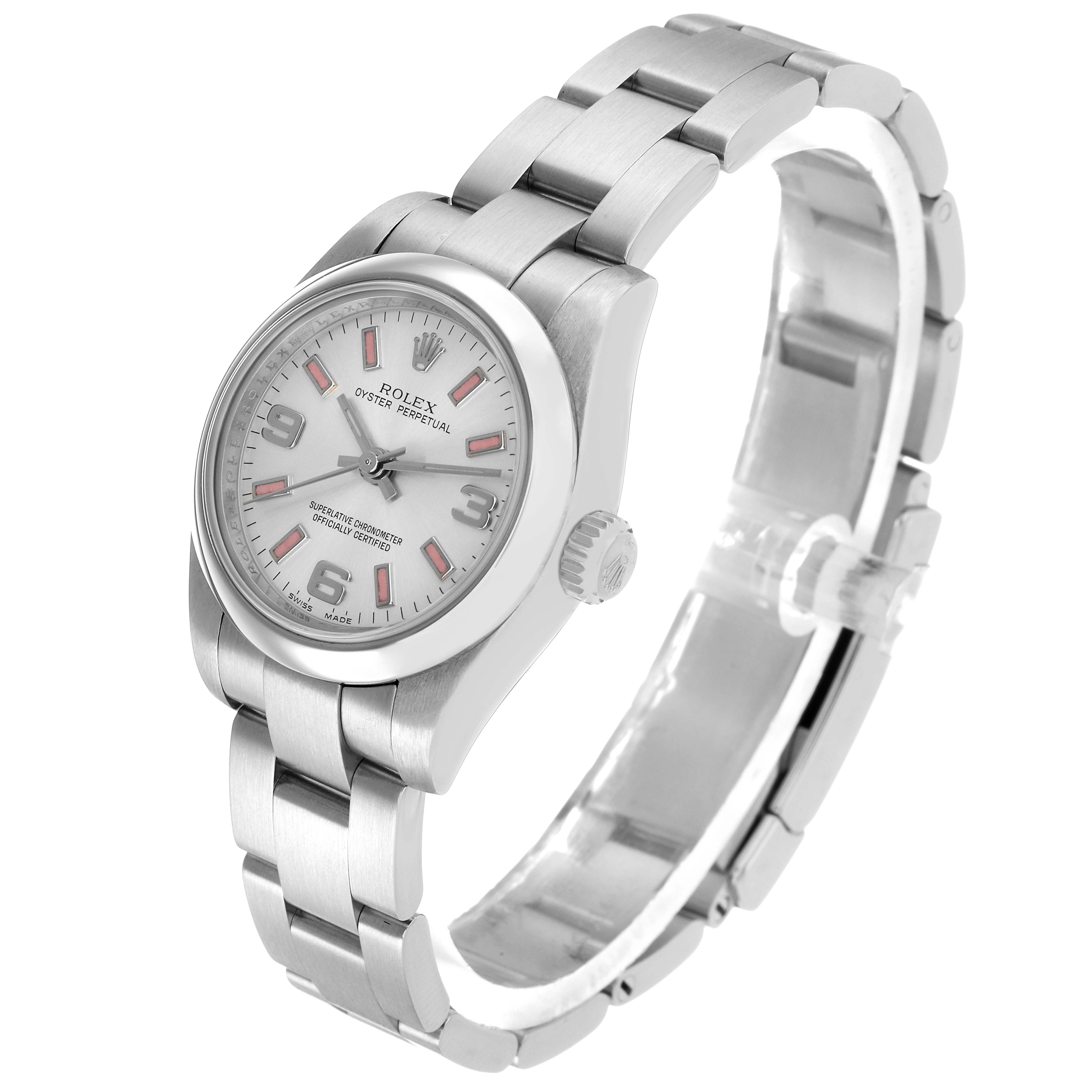 The Rolex Oyster Perpetual 176200 Women's Stainless Steel Silver Dial watch is shown at a three-quarter angle, highlighting the case, dial, bracelet, and crown.