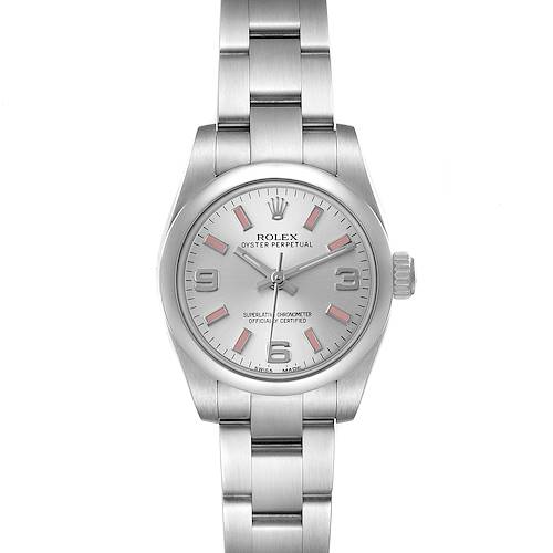 The Rolex Oyster Perpetual 176200 Women's Stainless Steel Silver Dial watch is shown from a top-down angle, displaying the dial, bracelet, and crown.
