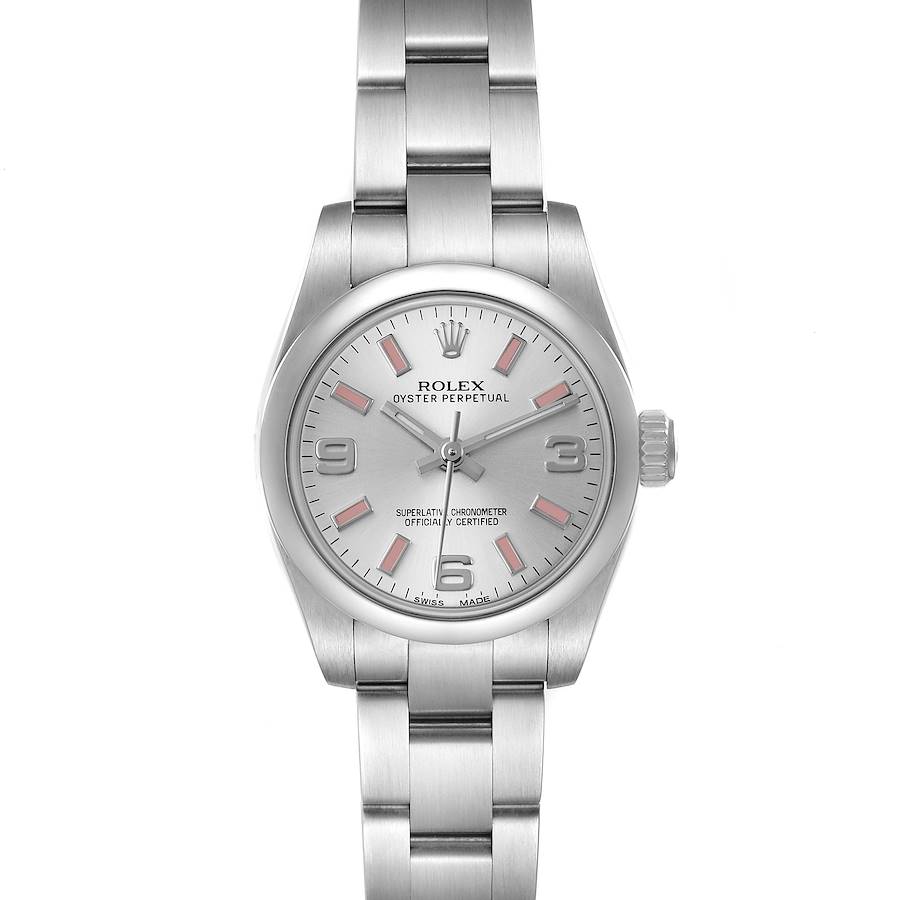 The Rolex Oyster Perpetual 176200 Women's Stainless Steel Silver Dial watch is shown from a top-down angle, displaying the dial, bezel, crown, and bracelet.