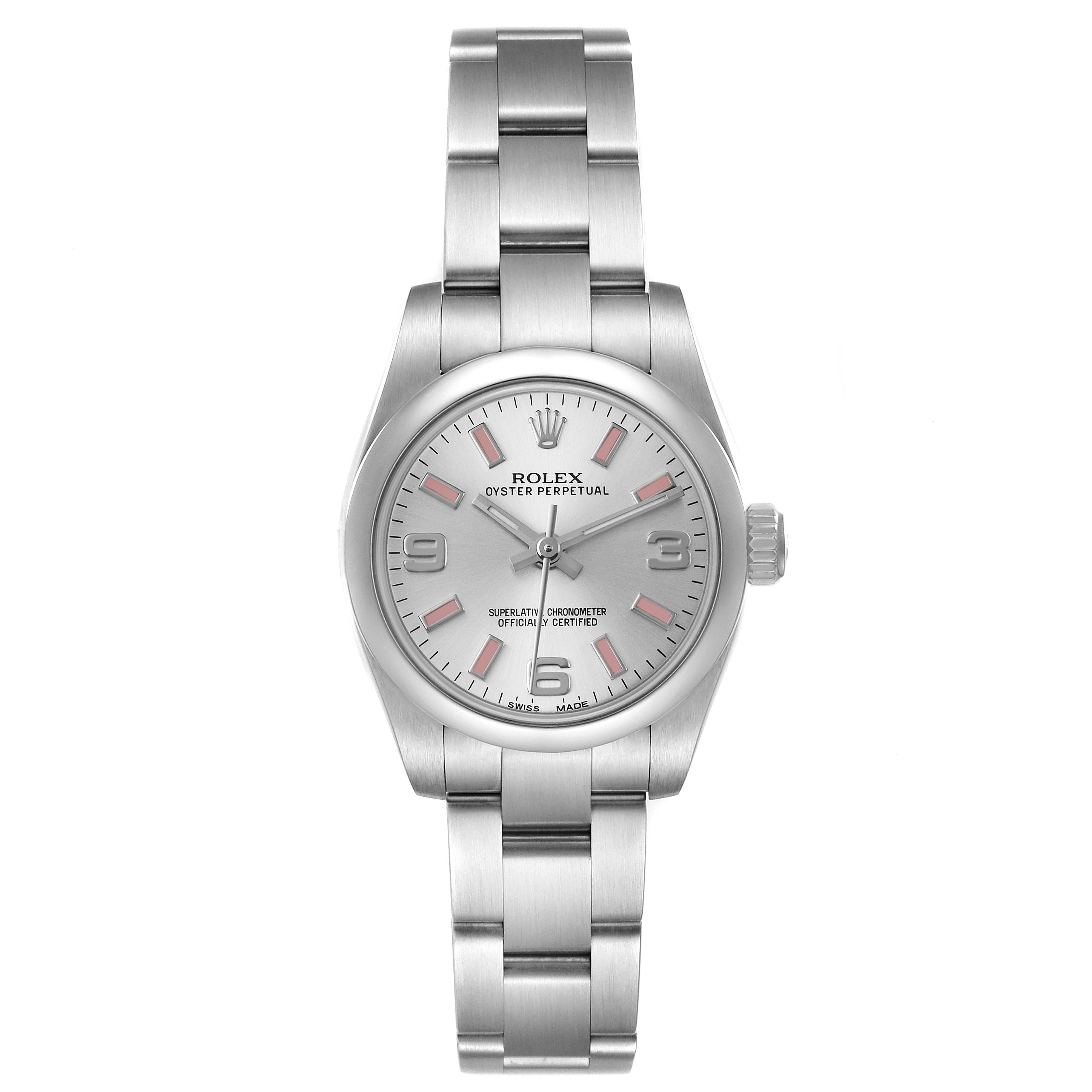 The Rolex Oyster Perpetual 176200 Women's Stainless Steel Silver Dial watch is shown from the front, displaying its dial, bezel, bracelet, and crown.