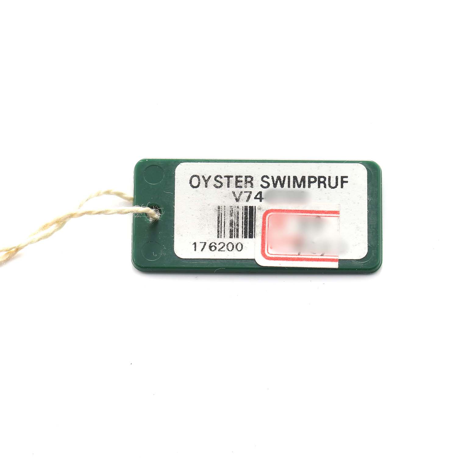 The image shows a green tag labeled "Oyster Swimpruf" with details for a Rolex Oyster Perpetual 176200 Women's Stainless Steel Silver Dial model.