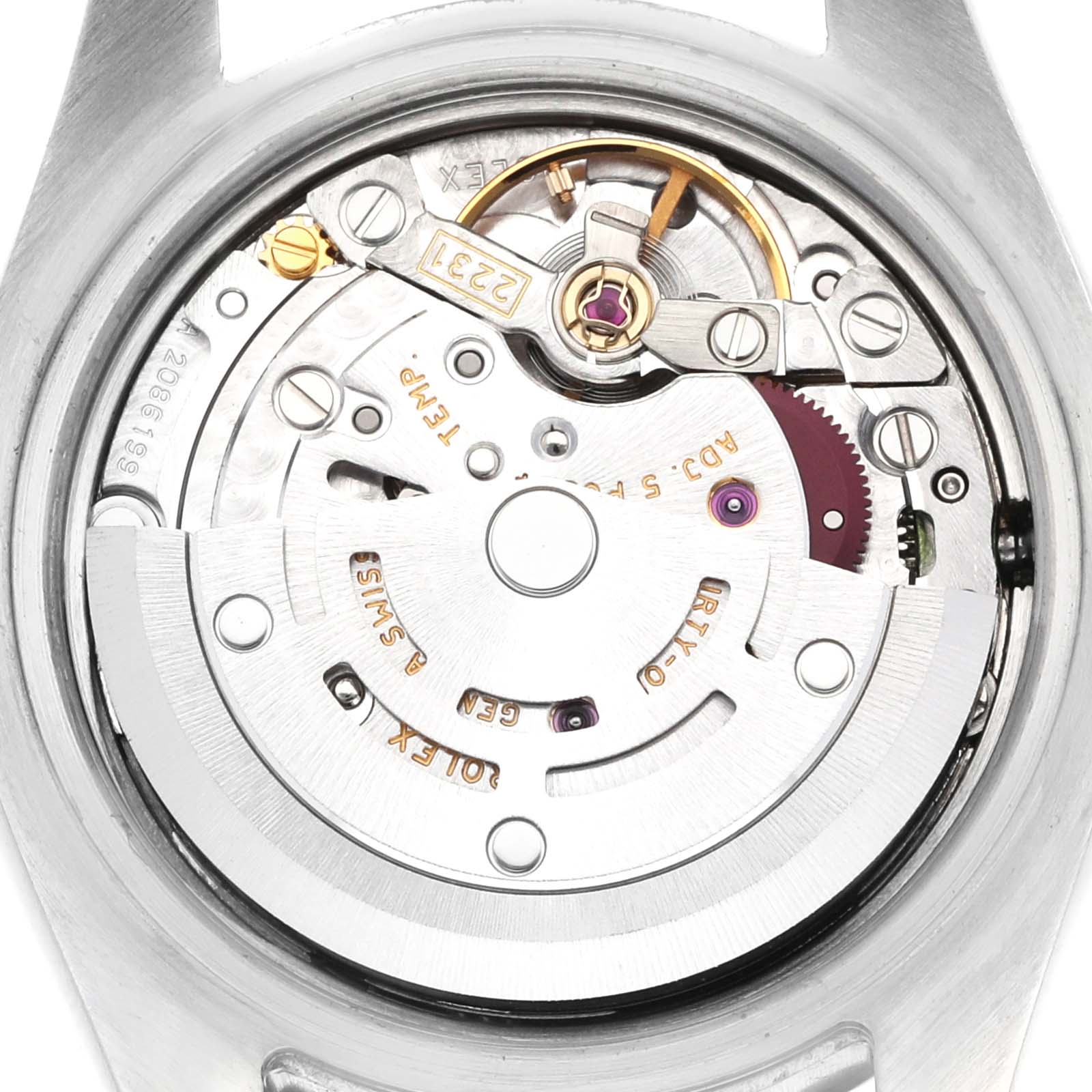 The image shows the back view of the Rolex Oyster Perpetual 176200 Women's Stainless Steel Silver Dial, revealing its intricate movement mechanism.