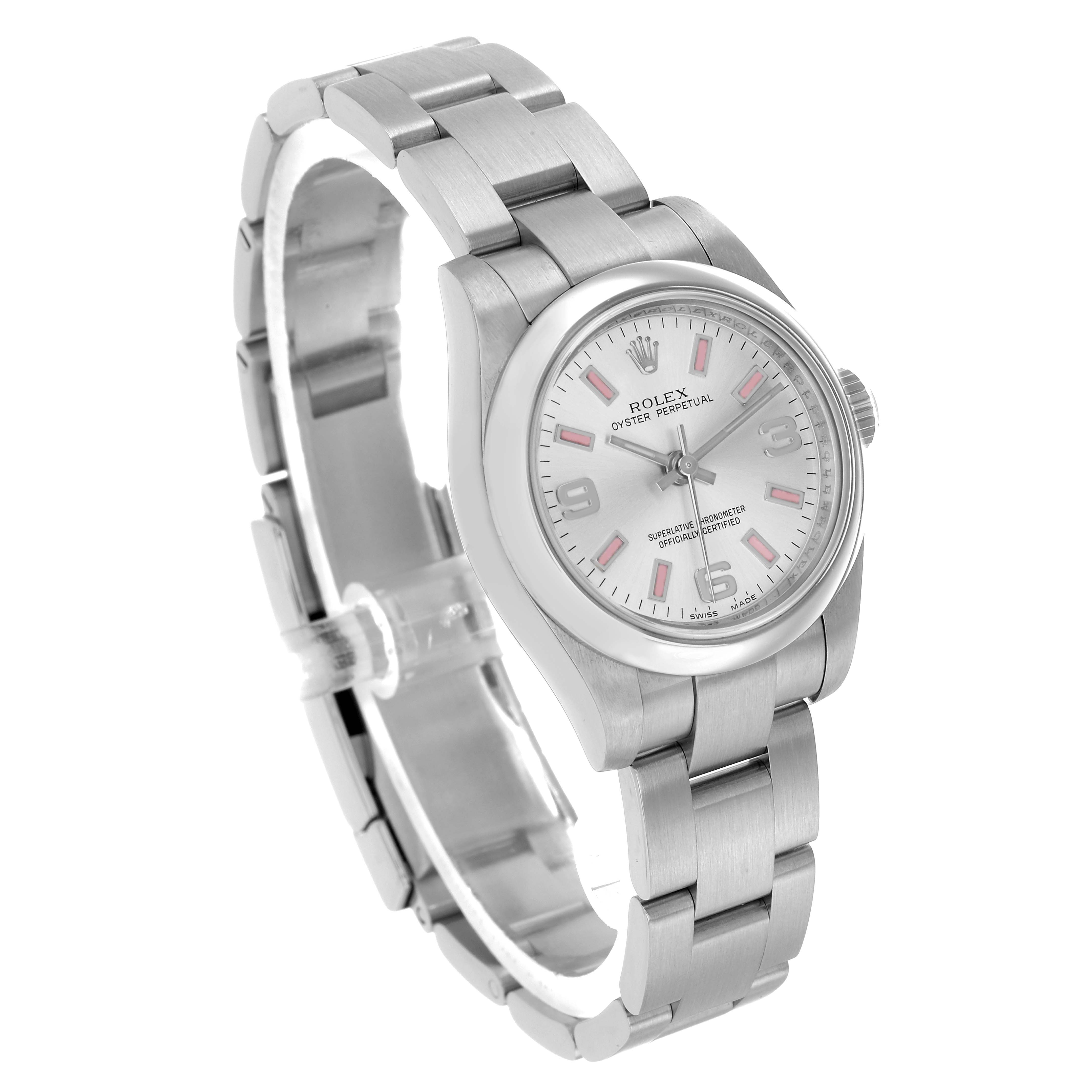 The Rolex Oyster Perpetual 176200 Women's Stainless Steel Silver Dial watch is shown at a 3/4 angle, highlighting the face, bezel, and stainless steel bracelet.