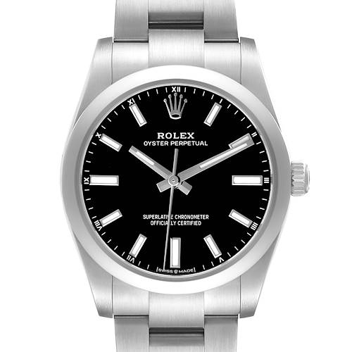 The Rolex Oyster Perpetual 124200 Men's Stainless Steel Black Dial watch is shown from the front, displaying the full dial, bezel, crown, and part of the bracelet.