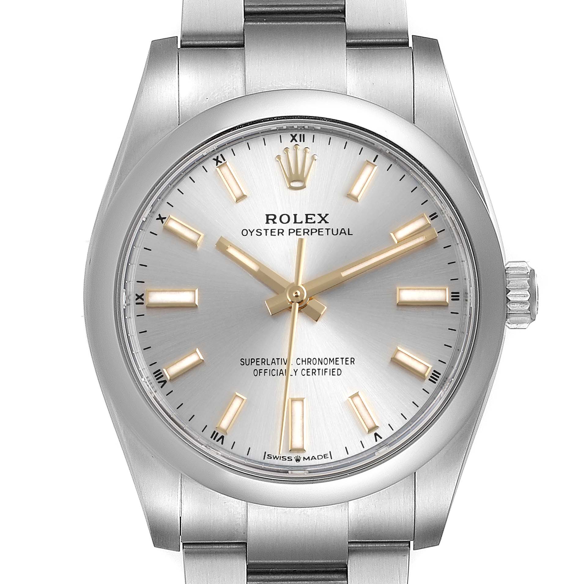 This image shows a front view of the Rolex Oyster Perpetual 124200 Men's Stainless Steel Silver Dial 124200 Men's Stainless Steel Silver Dial watch, displaying the dial, hands, and part of the bracelet.