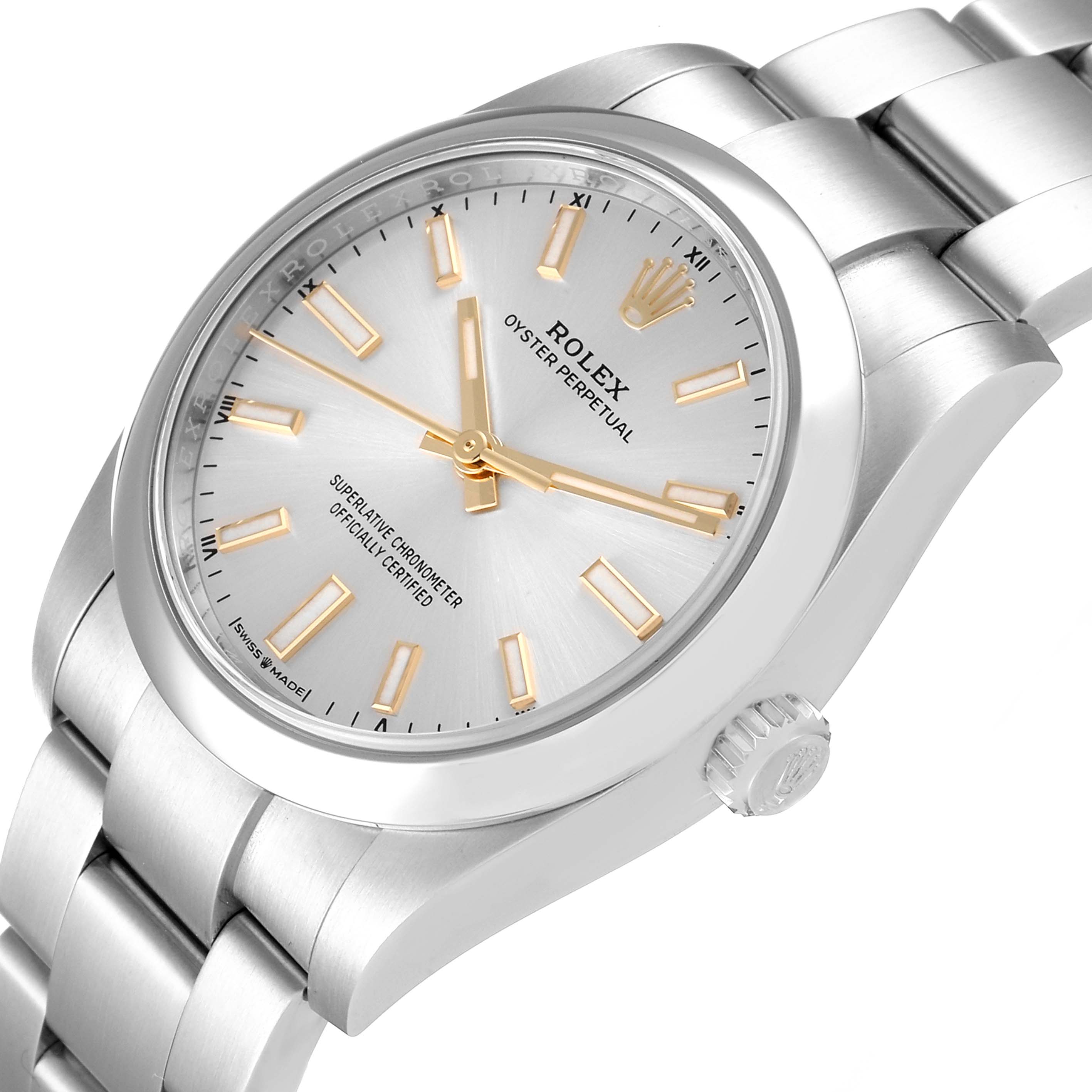 This image shows the face, bezel, and bracelet of a Rolex Oyster Perpetual 124200 Men's Stainless Steel Silver Dial 124200 Men's Stainless Steel Silver Dial watch at an angled view.