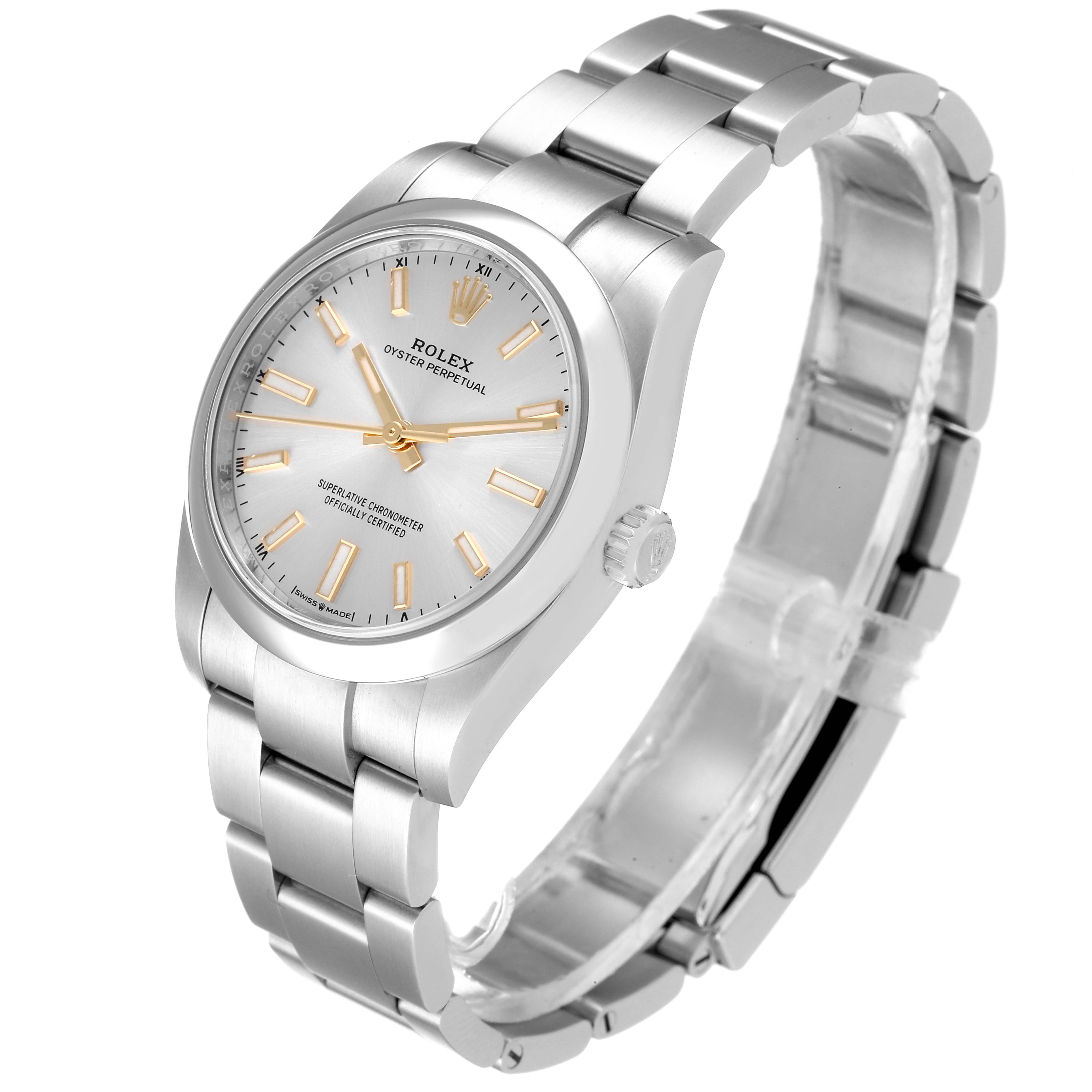 The Rolex Oyster Perpetual 124200 Men's Stainless Steel Silver Dial 124200 Men's Stainless Steel Silver Dial watch is shown at a 3/4 angle, displaying its face, bezel, crown, and bracelet prominently.