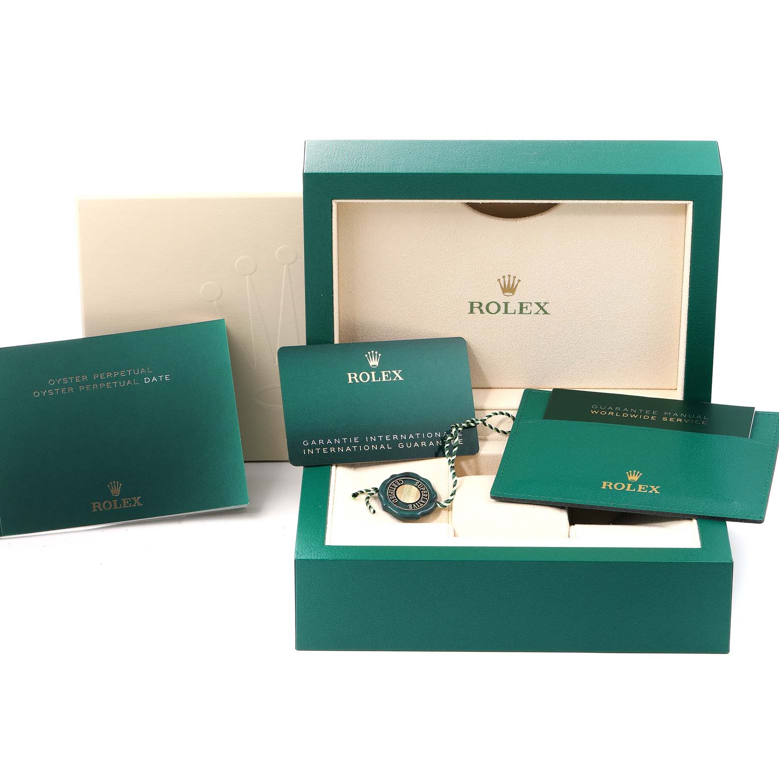 The image shows an open Rolex Oyster Perpetual 124200 Men's Stainless Steel Silver Dial 124200 Men's Stainless Steel Silver Dial watch box with accompanying documents and tags.
