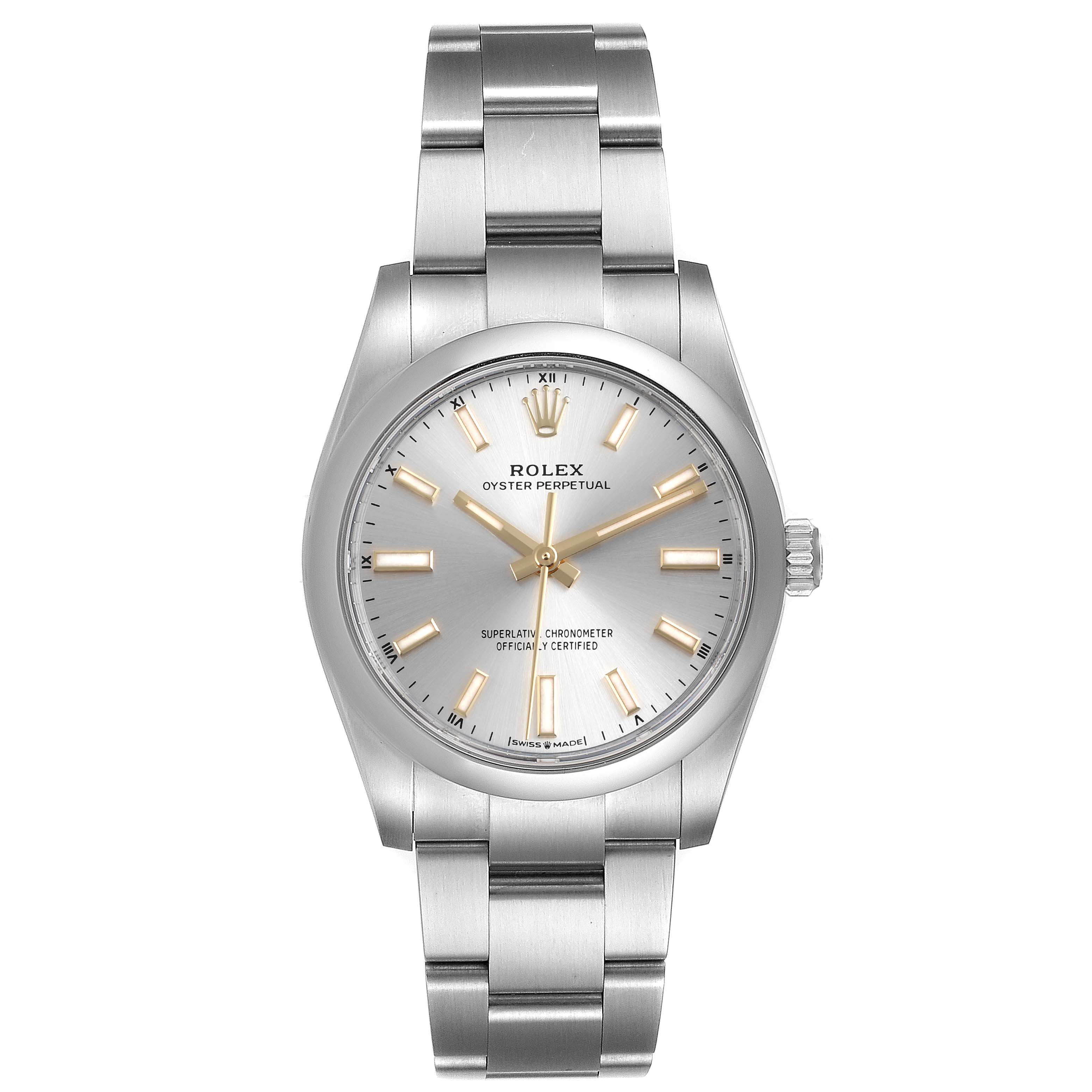 The image shows a front view of a Rolex Oyster Perpetual 124200 Men's Stainless Steel Silver Dial 124200 Men's Stainless Steel Silver Dial watch, highlighting its face, bracelet, and crown.