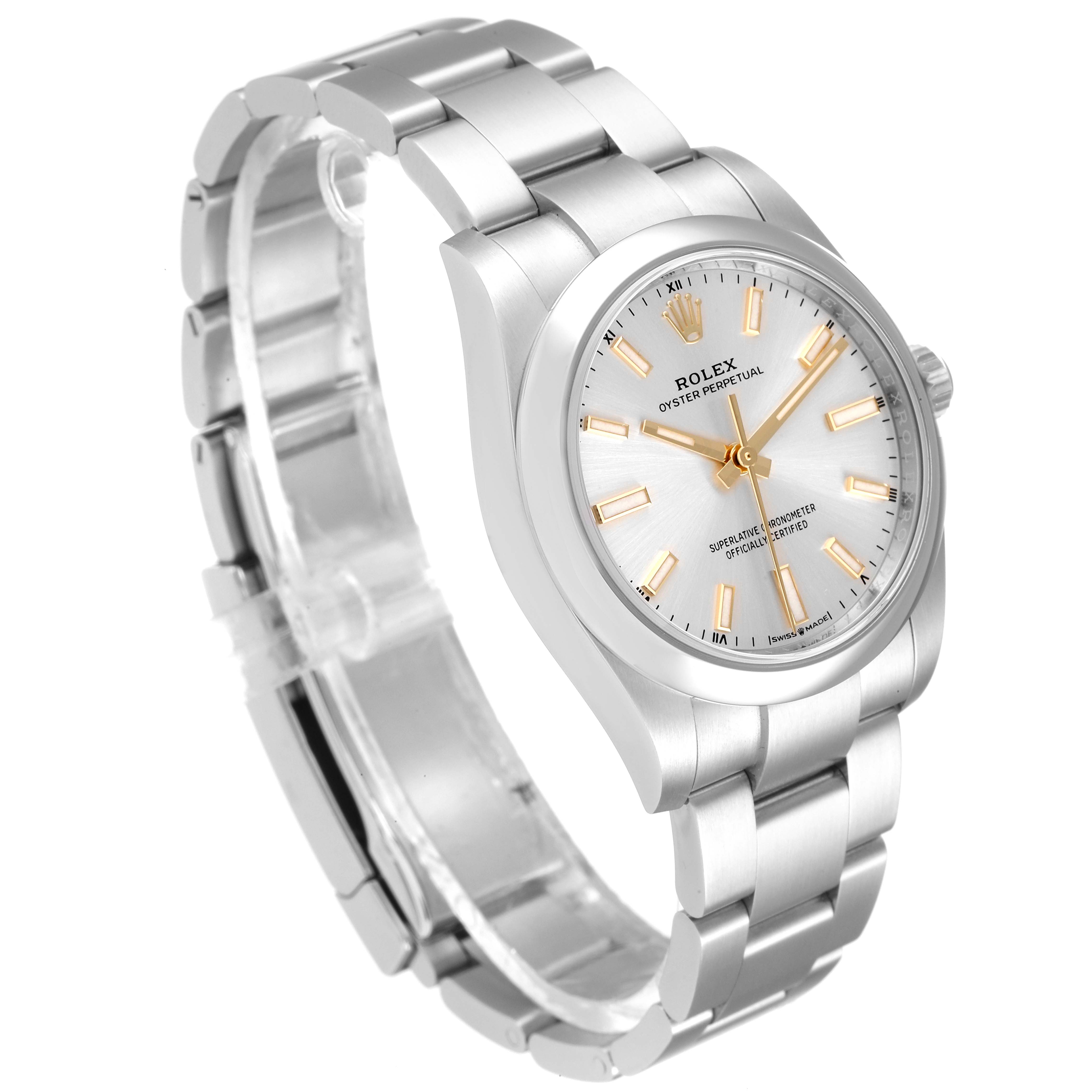 This image shows a side angle of the Rolex Oyster Perpetual 124200 Men's Stainless Steel Silver Dial 124200 Men's Stainless Steel Silver Dial watch, displaying the bracelet, case, and dial.