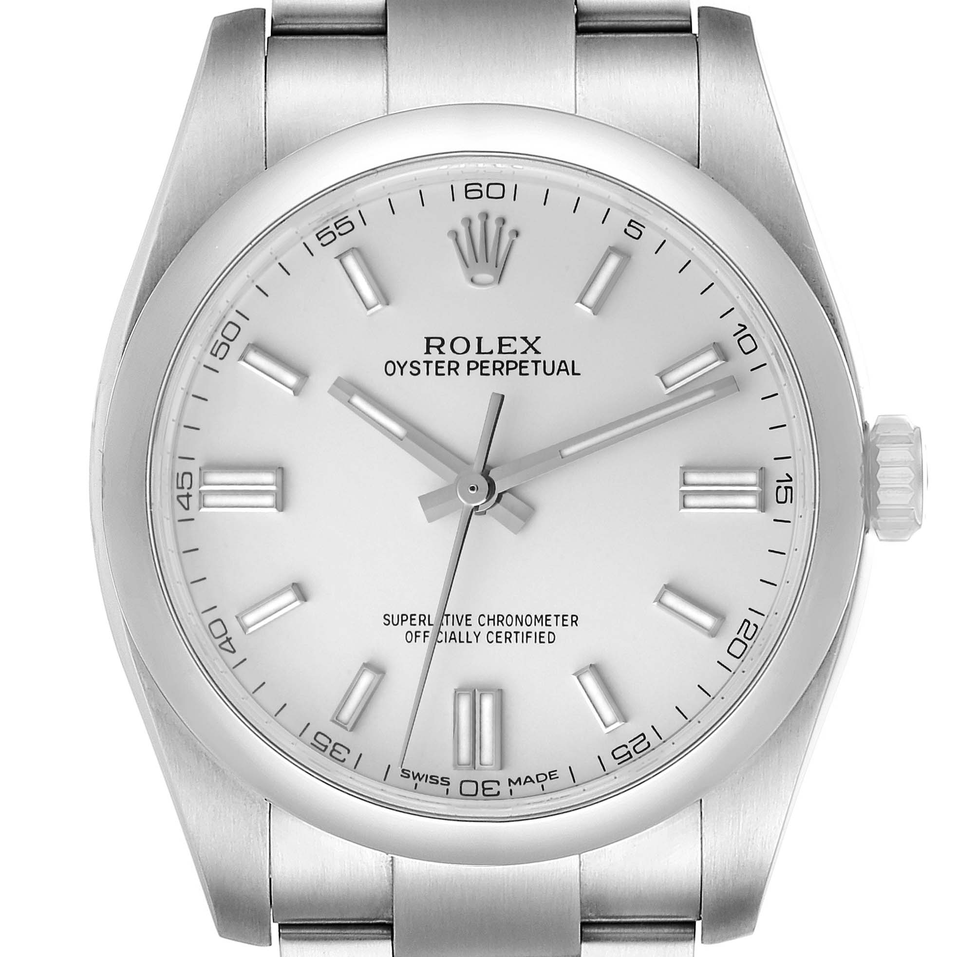 This image shows a close-up, front view of a Rolex Oyster Perpetual 116000 Men's Stainless Steel Silver Dial 116000 Men's Stainless Steel Silver Dial watch, featuring its dial, hands, and bracelet.
