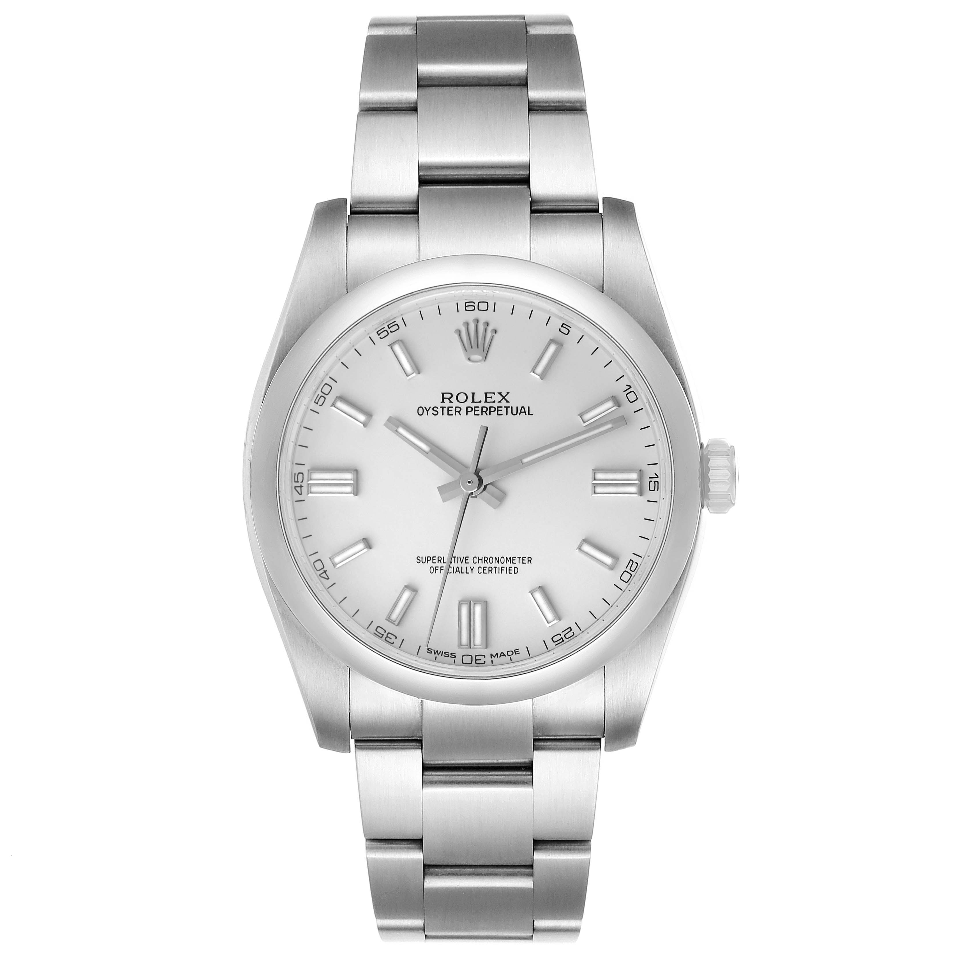 The image shows a front view of a Rolex Oyster Perpetual 116000 Men's Stainless Steel Silver Dial 116000 Men's Stainless Steel Silver Dial watch, displaying the dial, bezel, and bracelet.