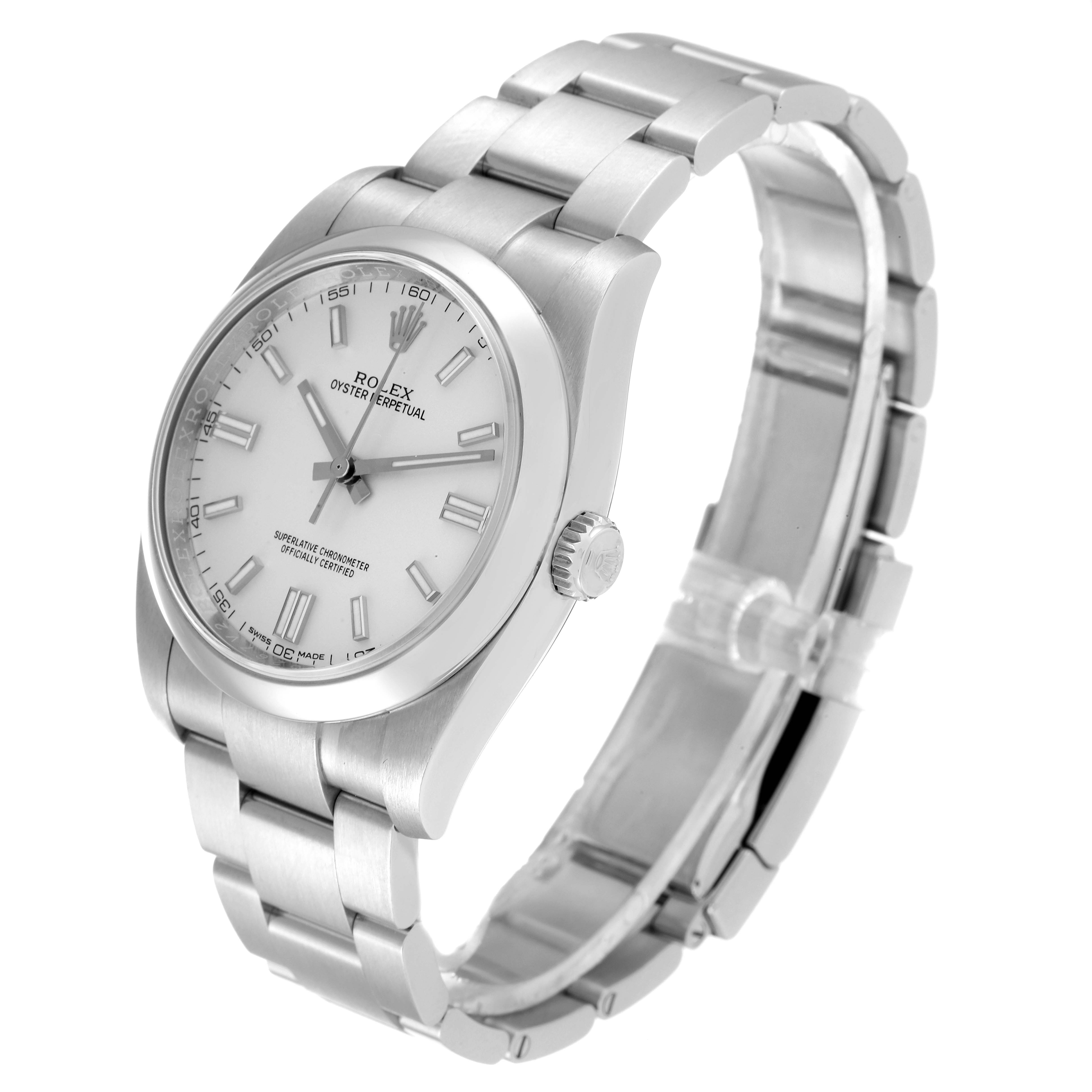 The image shows a Rolex Oyster Perpetual 116000 Men's Stainless Steel Silver Dial 116000 Men's Stainless Steel Silver Dial watch, angled to display the face, crown, and the full length of the bracelet.