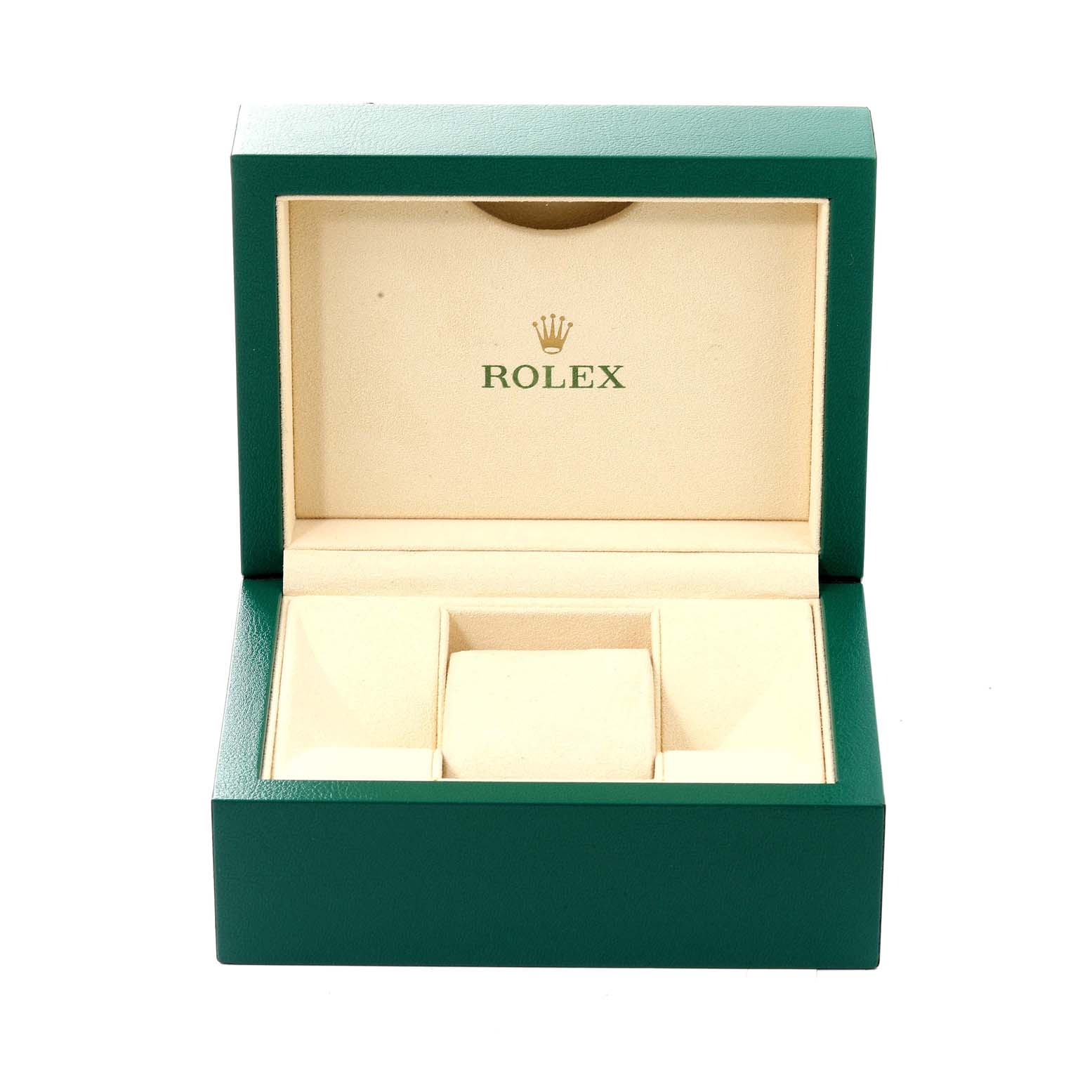 This image shows an open green Rolex box for the Oyster Perpetual model, displaying its inner compartments.
