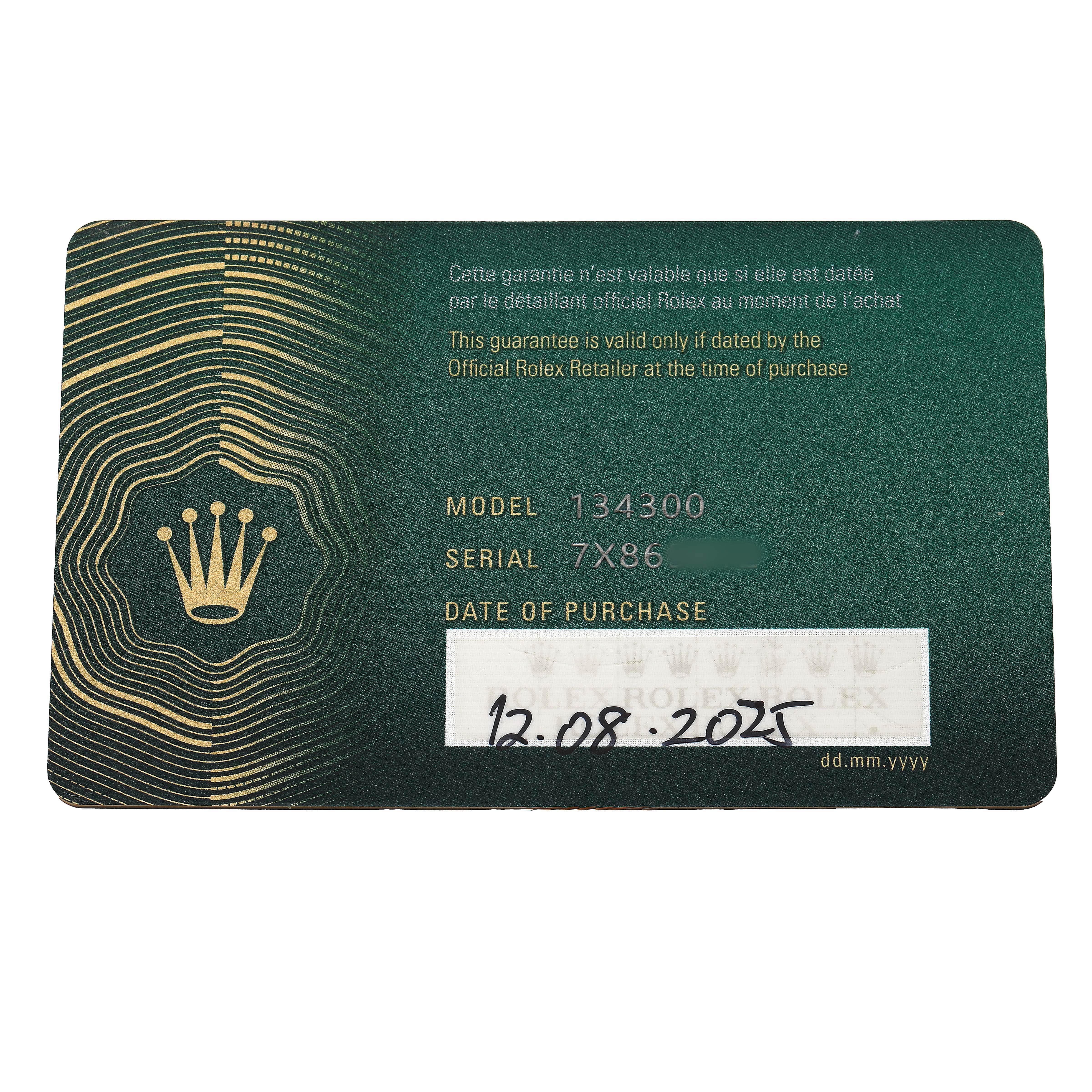 This image shows a warranty card for the Rolex Oyster Perpetual 134300 Men's Stainless Steel Beige Dial watch, displaying model and serial numbers.