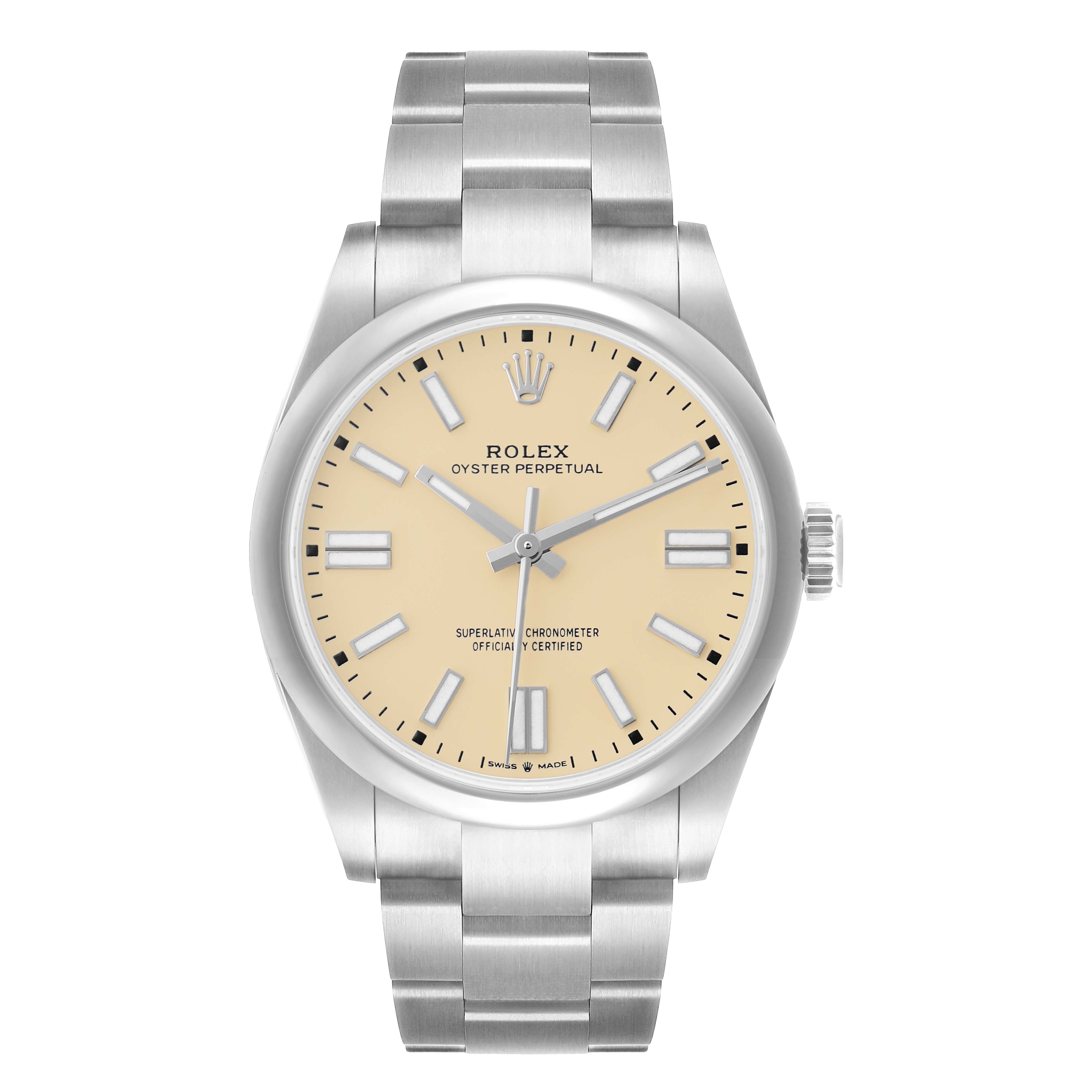 The Rolex Oyster Perpetual 134300 Men's Stainless Steel Beige Dial watch is shown from a front angle, displaying the face, bezel, and full bracelet.