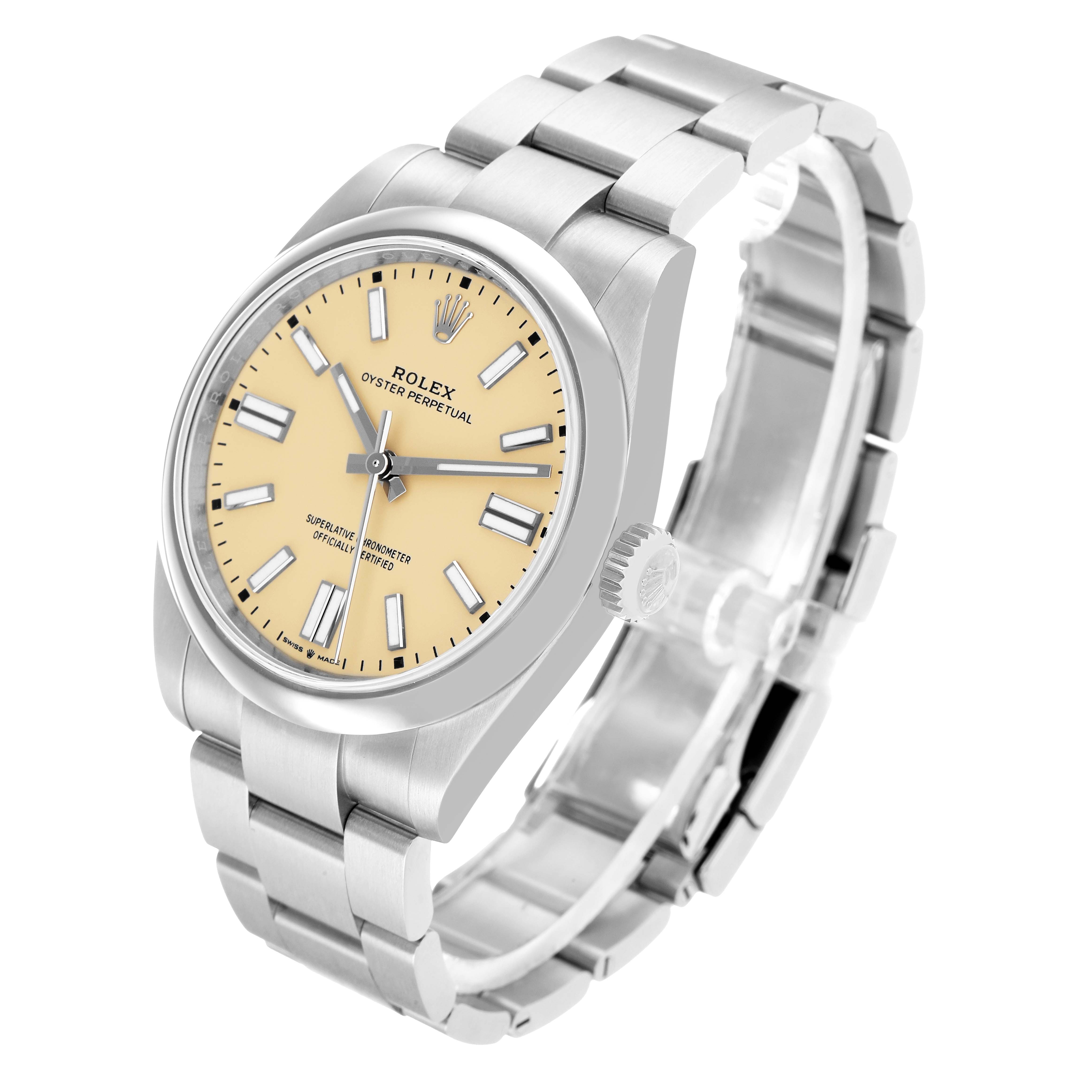 The Rolex Oyster Perpetual 134300 Men's Stainless Steel Beige Dial watch is shown at a high oblique angle, highlighting the face, bezel, crown, and bracelet.