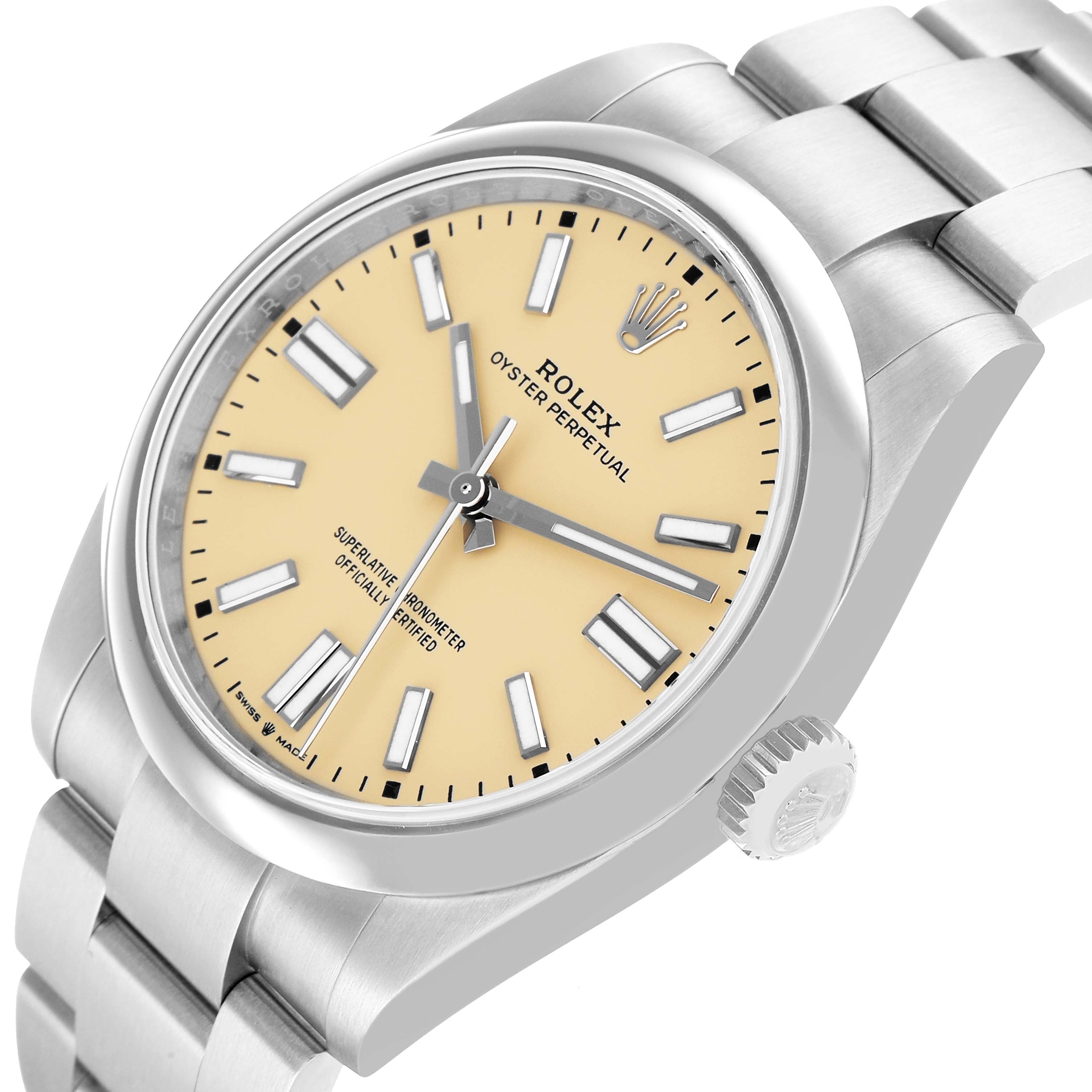 The Rolex Oyster Perpetual 134300 Men's Stainless Steel Beige Dial watch is shown at a three-quarter angle, displaying the face, bezel, case, and part of the bracelet.