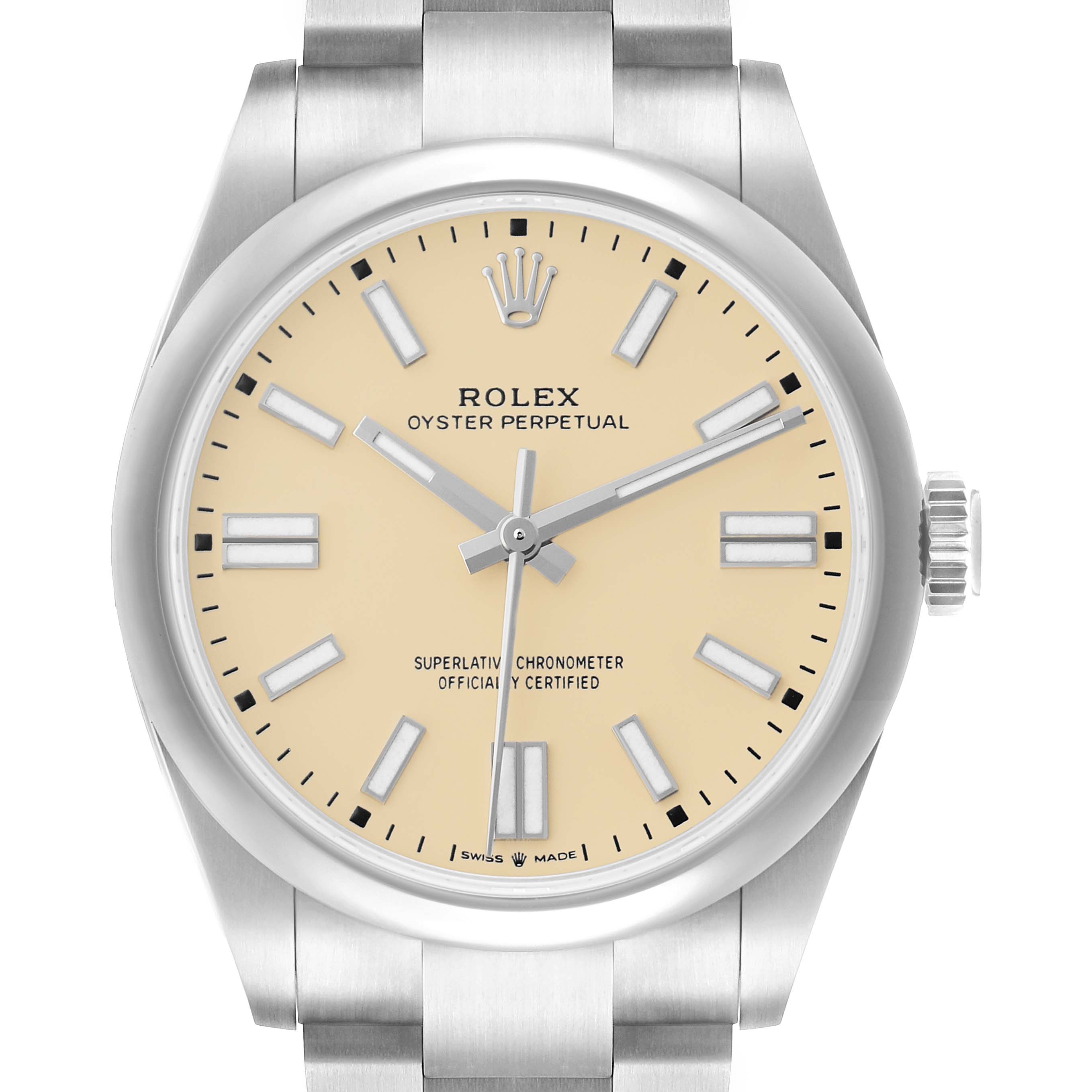 The Rolex Oyster Perpetual 134300 Men's Stainless Steel Beige Dial watch is shown from the front, highlighting its beige dial, hands, indices, and part of the bracelet.