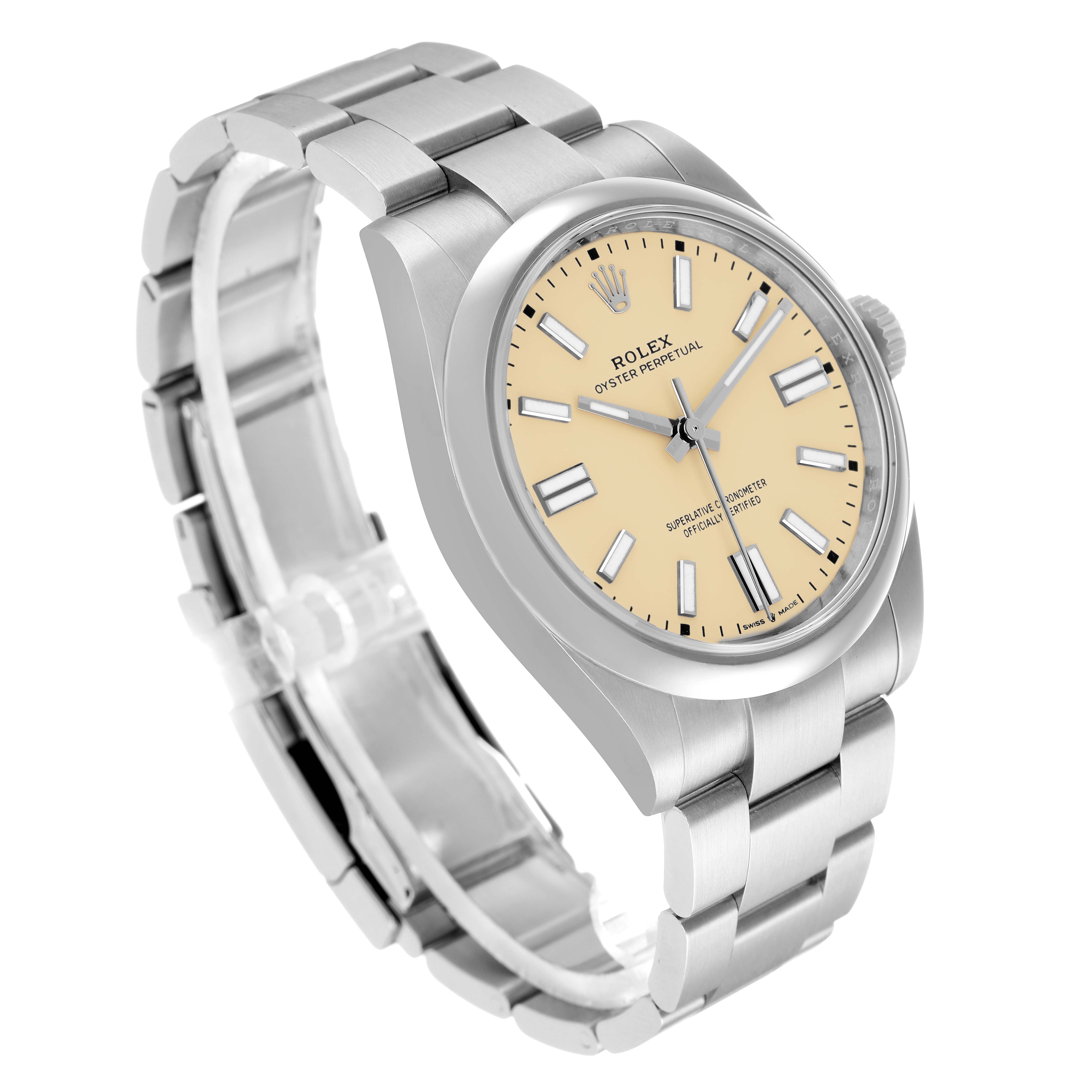 The Rolex Oyster Perpetual 134300 Men's Stainless Steel Beige Dial watch is shown at a 3/4 angle, highlighting the face, bracelet, and side profile.