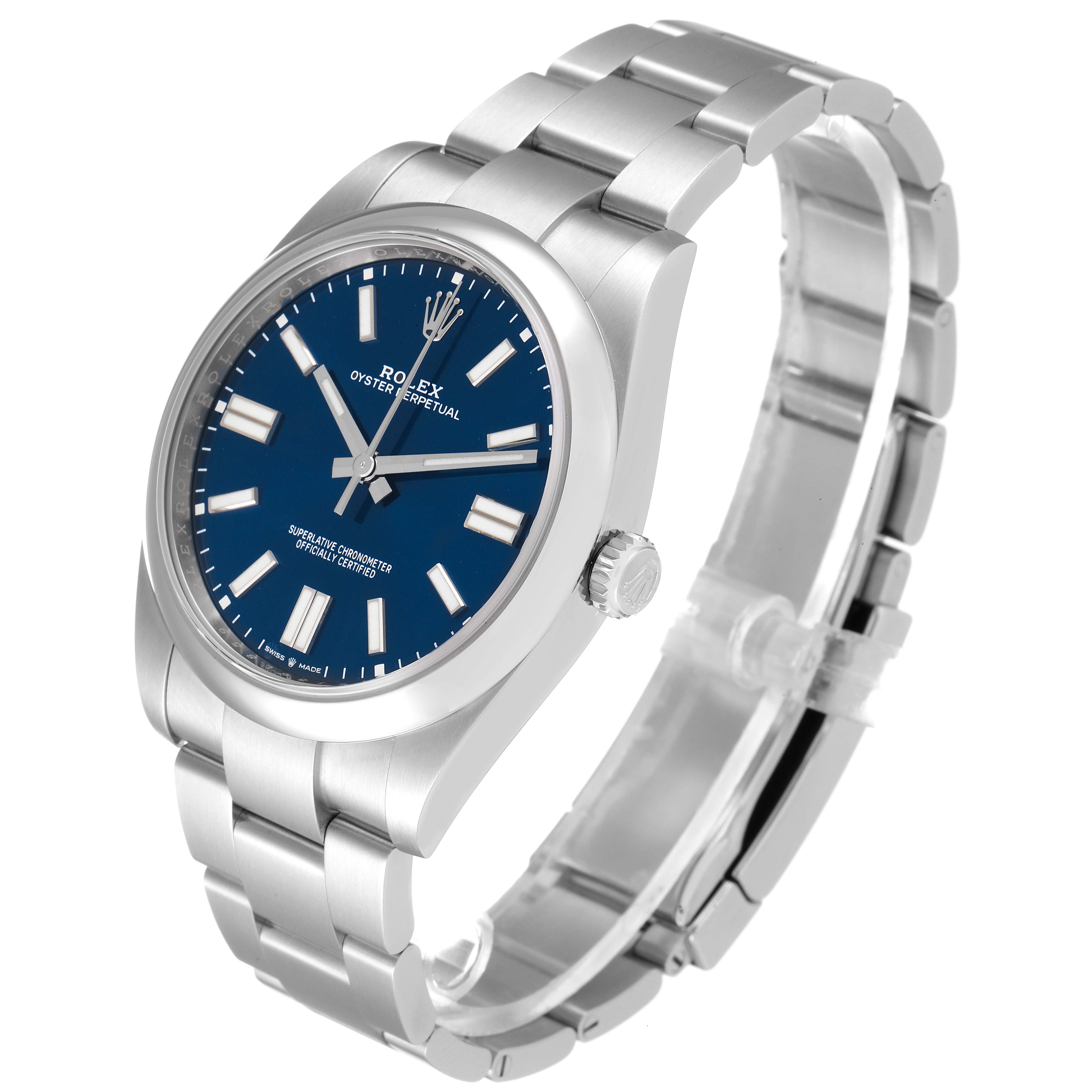 The Rolex Oyster Perpetual 124300 Men's Stainless Steel Blue Dial 124300 Men's Stainless Steel Blue Dial watch is shown at a three-quarter angle, displaying its blue dial, stainless steel case, and bracelet.