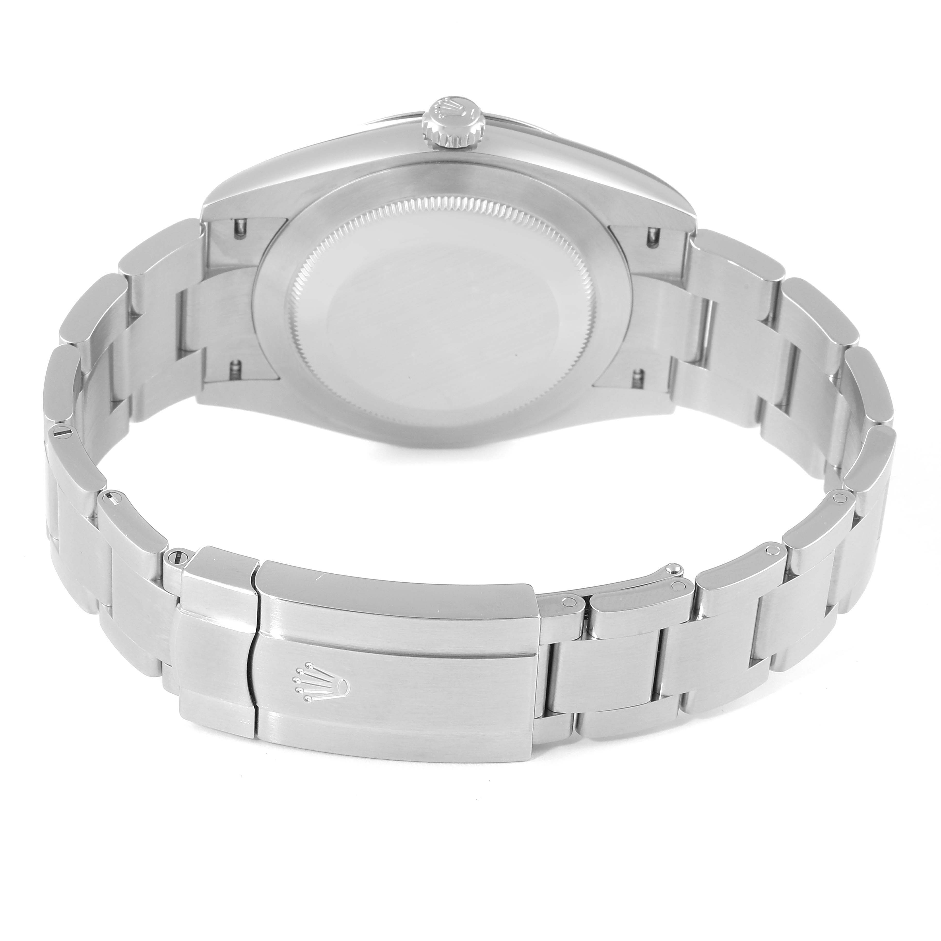 The image shows the back view of a Rolex Oyster Perpetual 124300 Men's Stainless Steel Blue Dial 124300 Men's Stainless Steel Blue Dial watch, highlighting its stainless steel bracelet and clasp.