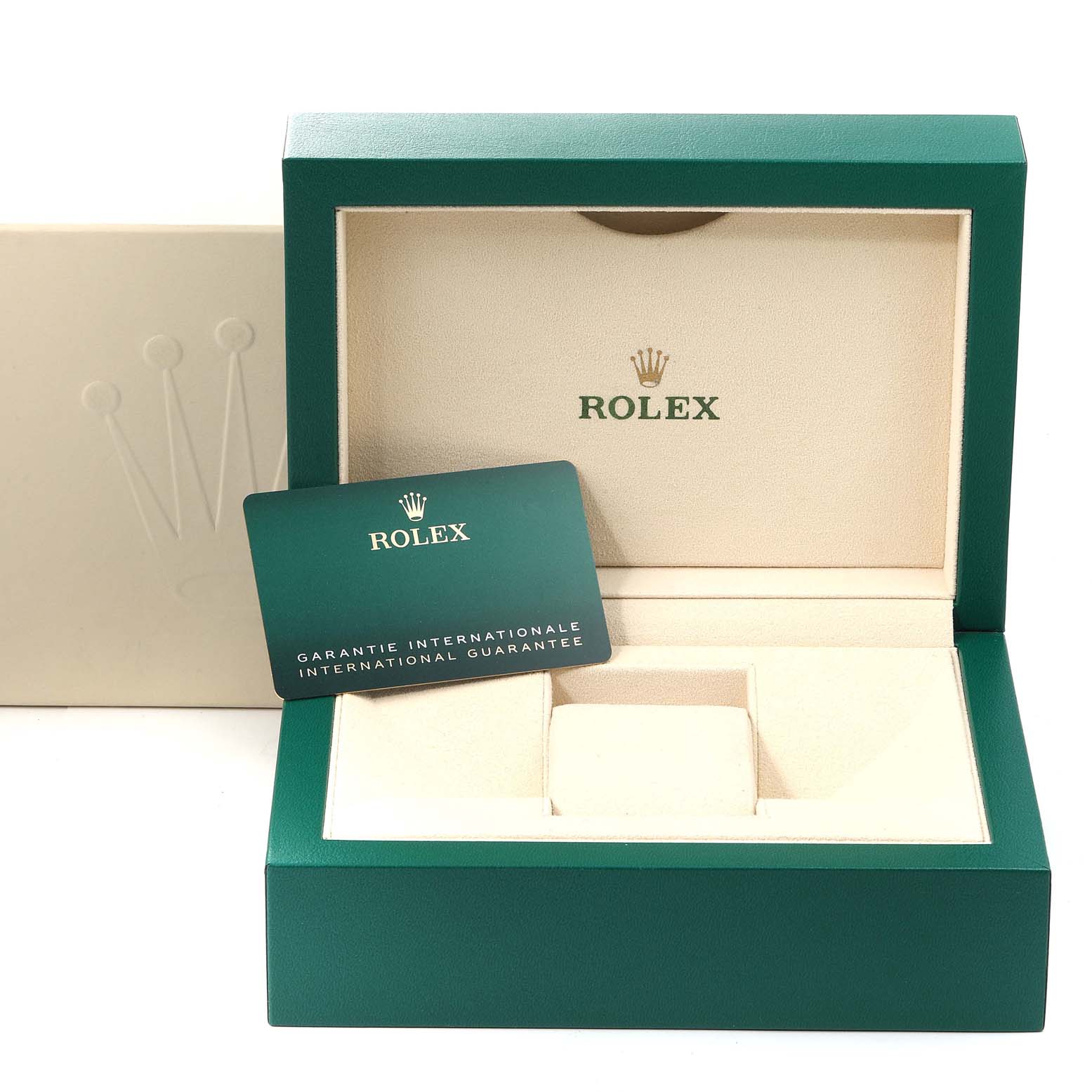 The image shows an open Rolex Oyster Perpetual 124300 Men's Stainless Steel Blue Dial 124300 Men's Stainless Steel Blue Dial watch box and an international guarantee card.
