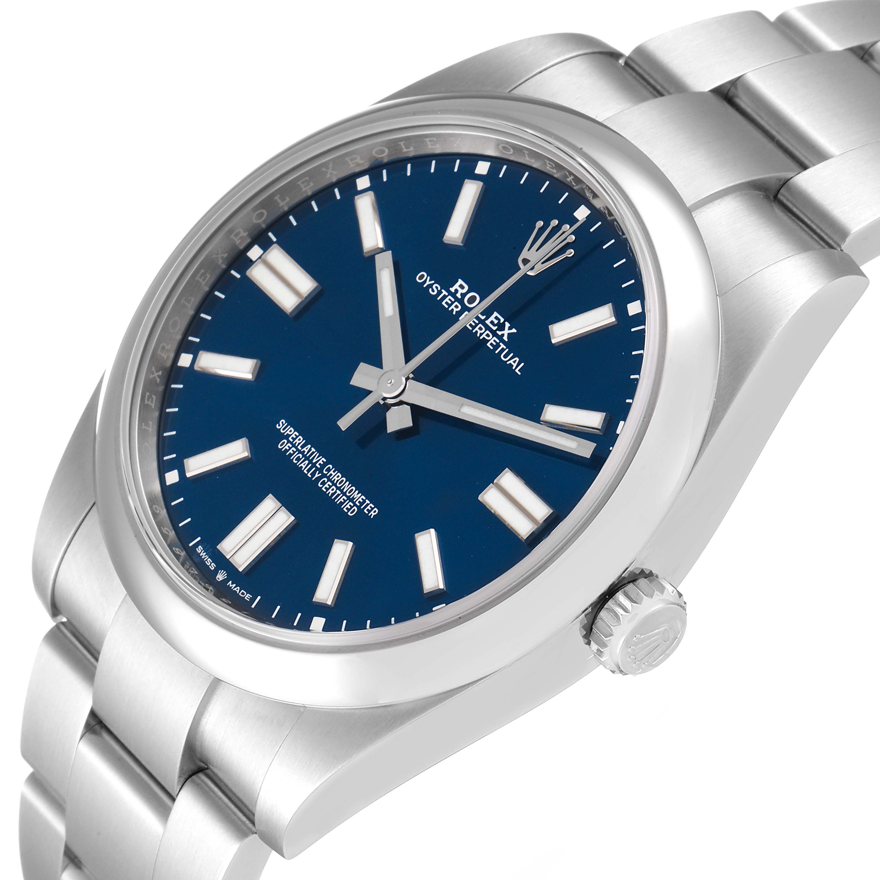 This image shows a close-up, angled view of the Rolex Oyster Perpetual 124300 Men's Stainless Steel Blue Dial 124300 Men's Stainless Steel Blue Dial watch focusing on its blue dial and stainless steel bracelet.