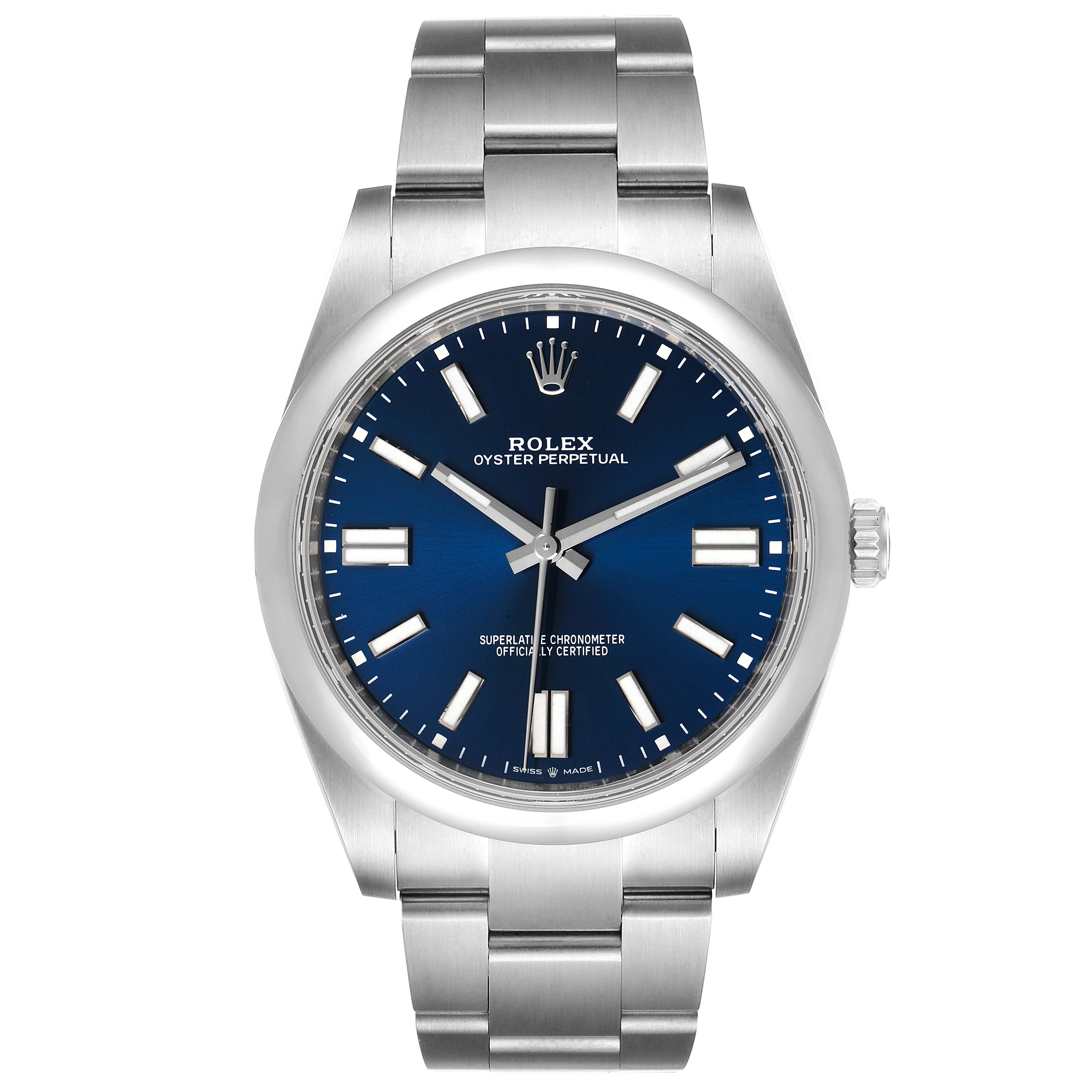This image displays a front view of a Rolex Oyster Perpetual 124300 Men's Stainless Steel Blue Dial 124300 Men's Stainless Steel Blue Dial watch with a blue dial and a silver bracelet.