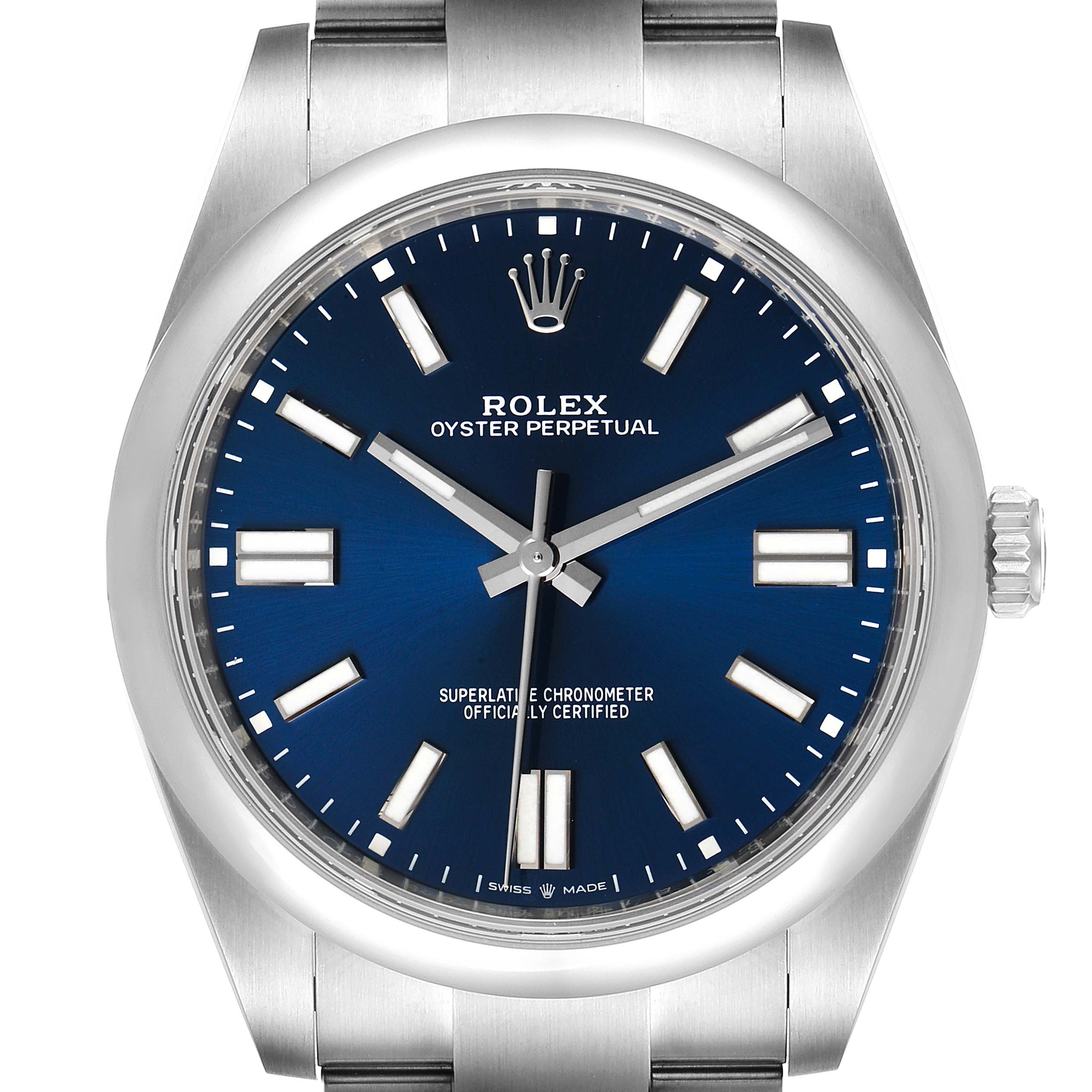 This image shows a front view of the Rolex Oyster Perpetual 124300 Men's Stainless Steel Blue Dial 124300 Men's Stainless Steel Blue Dial watch face, bezel, and part of the bracelet.