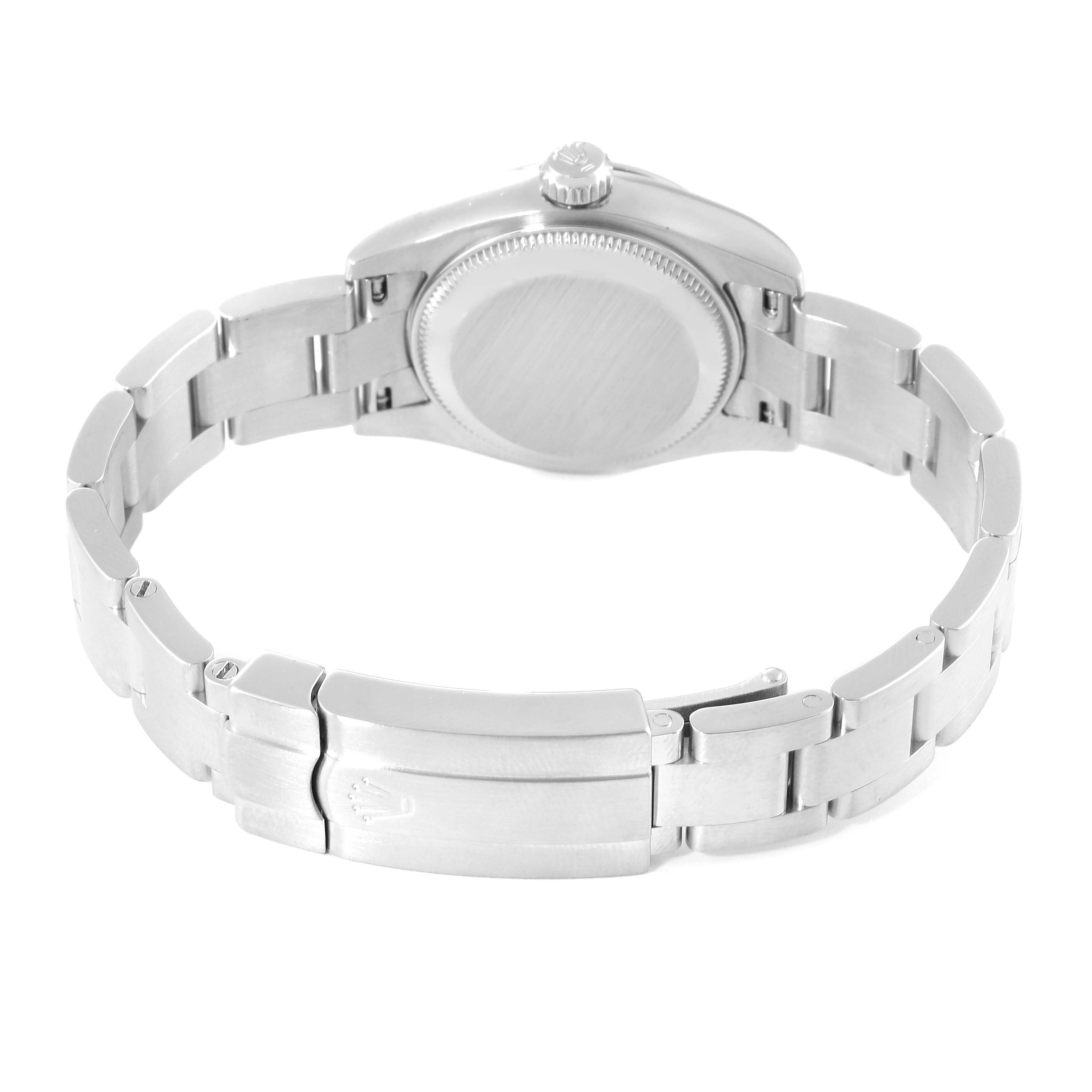The image shows the back and bracelet of a Rolex Oyster Perpetual 176200 Women
s Stainless Steel Silver Dial 176200 Women
s Stainless Steel Silver Dial watch, featuring the clasp and case back.